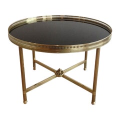 Round Brass Coffee Table with Black Lacquered Glass Top by Maison Jansen