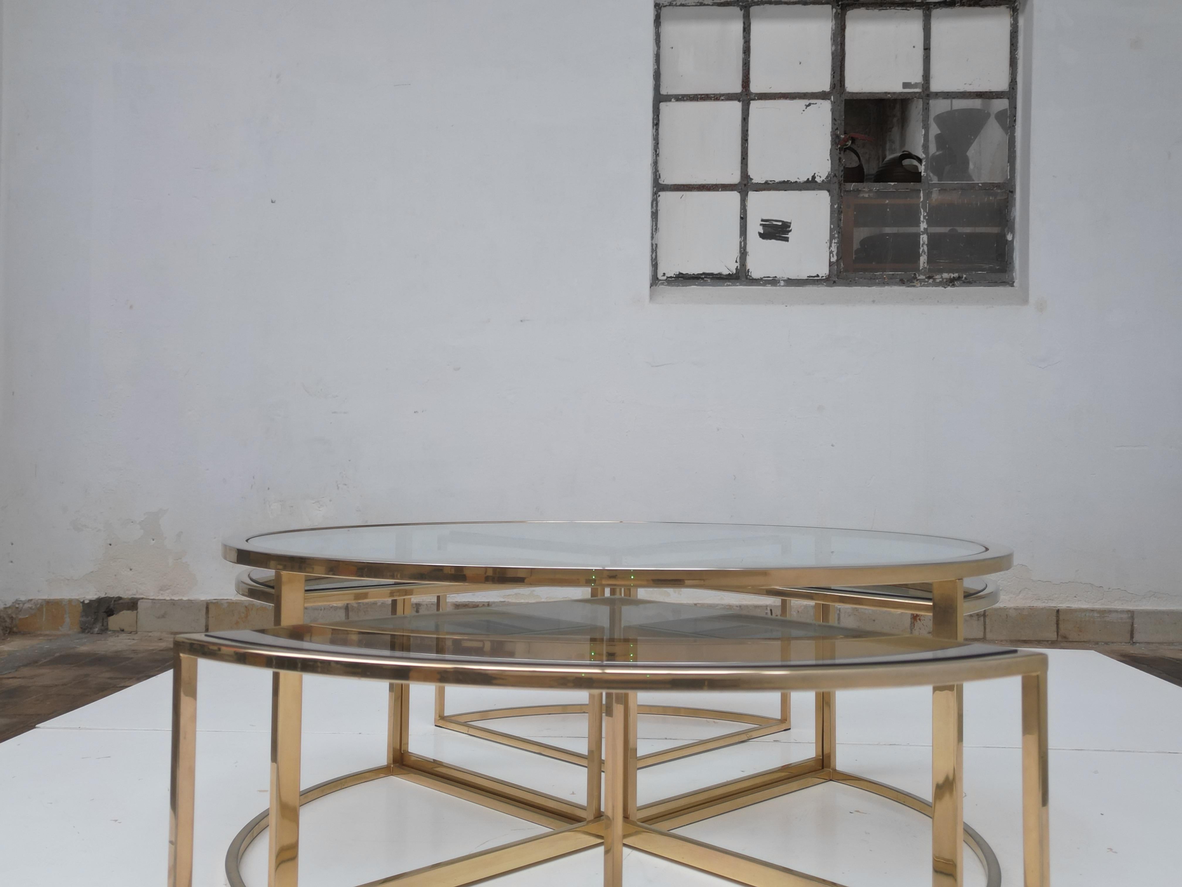 Round Brass Coffee Table with Four Nesting Tables by Maison Charles France, 1970 5