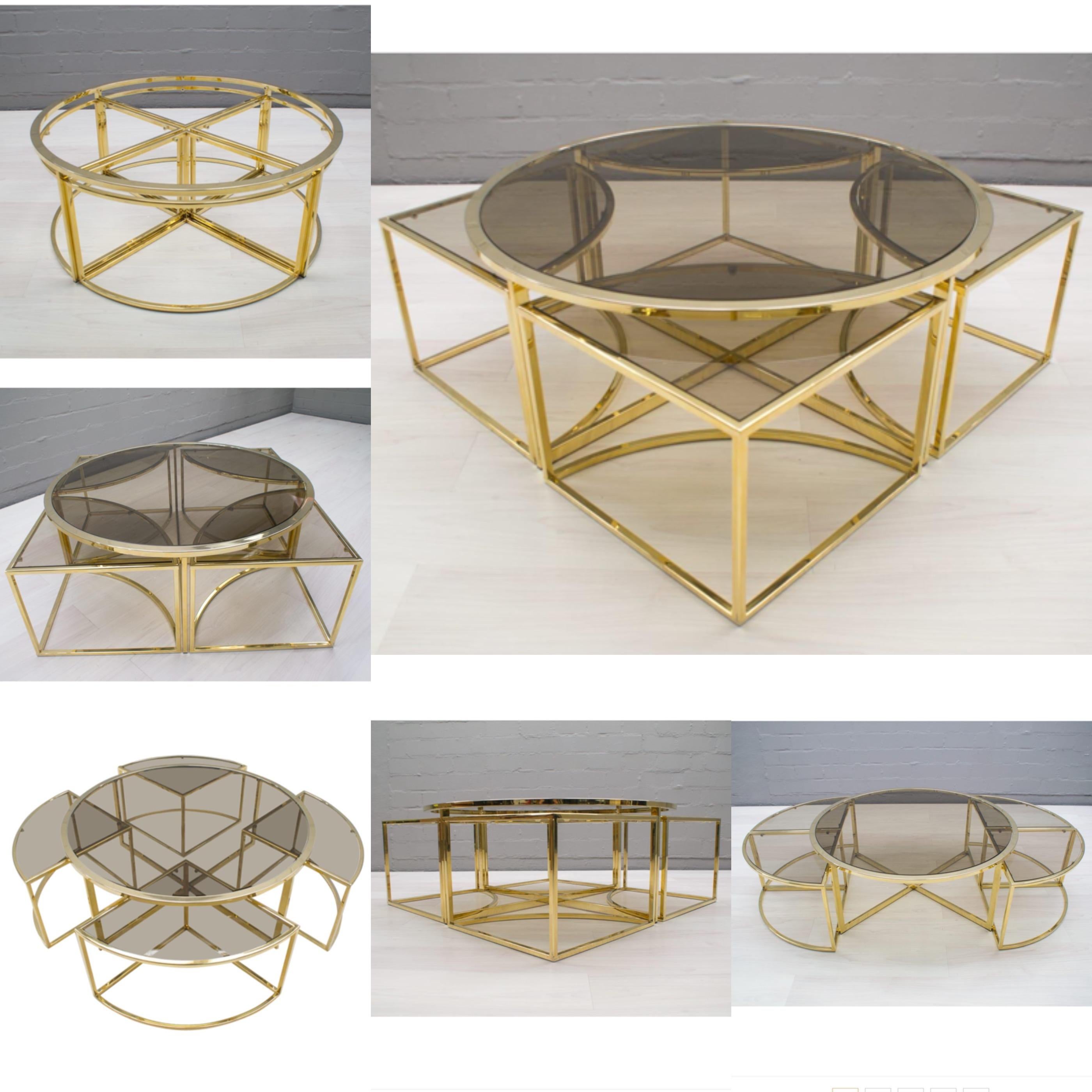 Plated Round Brass Coffee Table with Four Nesting Tables by Maison Charles France, 1970