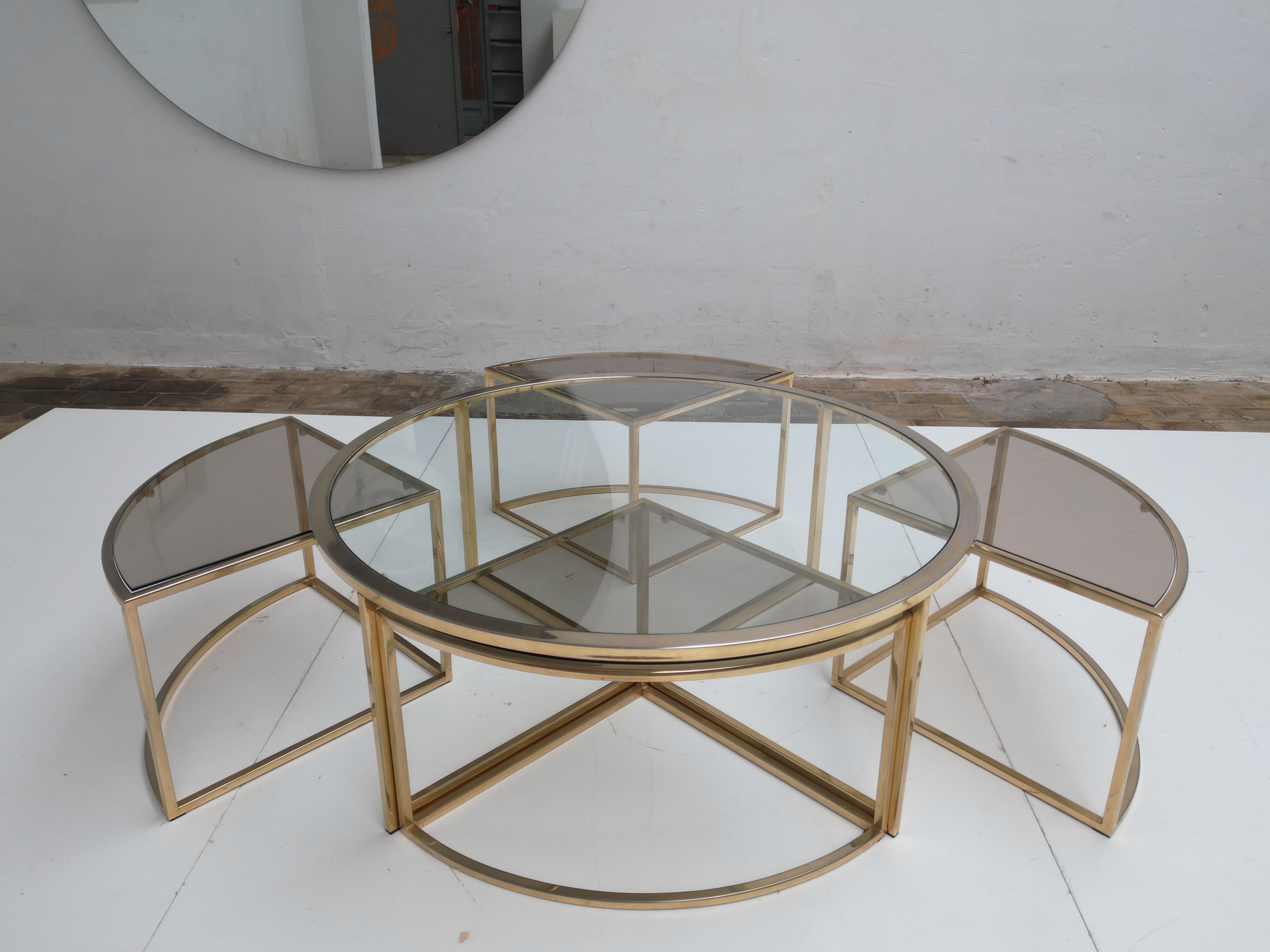 Round Brass Coffee Table with Four Nesting Tables by Maison Charles France, 1970 1