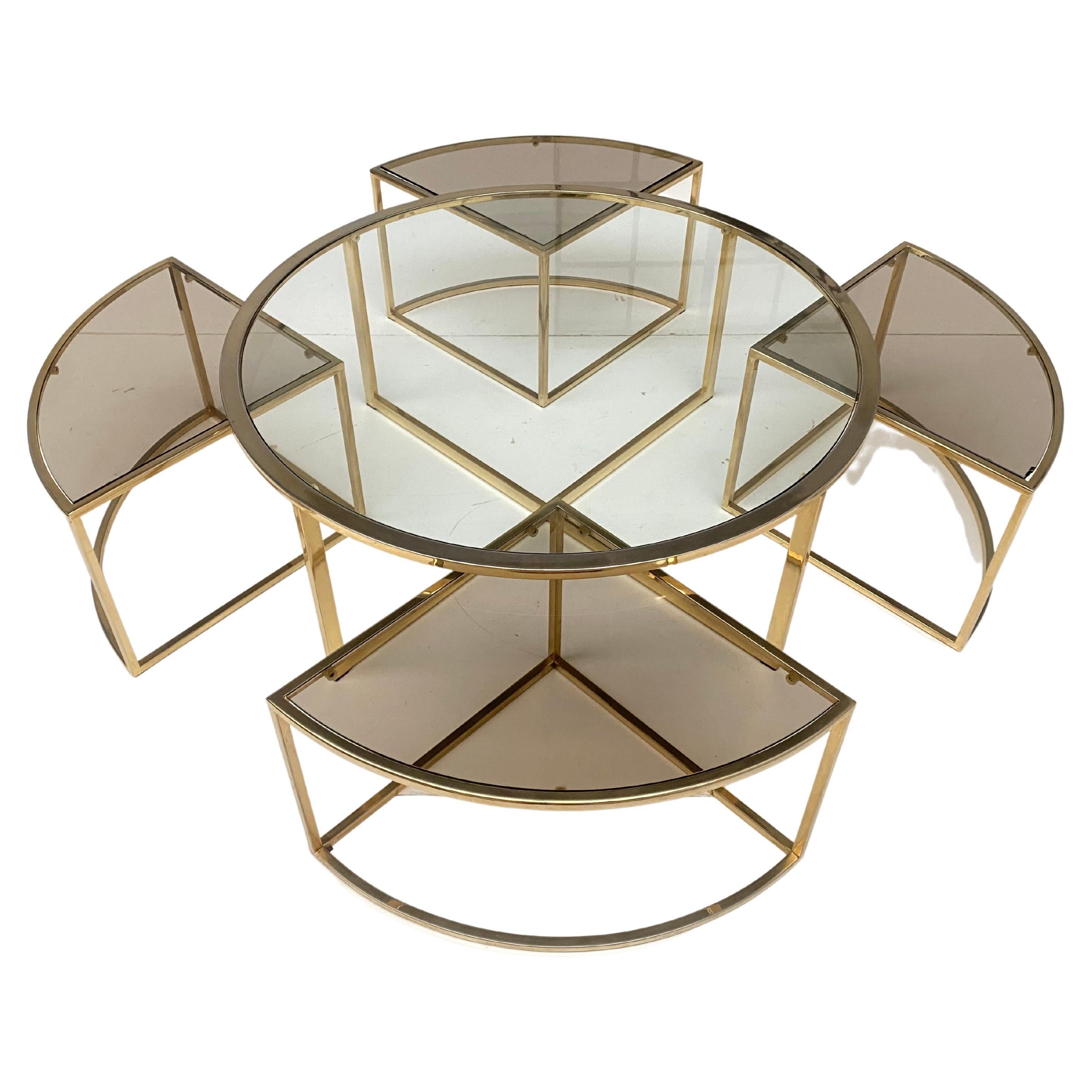 Round Brass Coffee Table with Four Nesting Tables by Maison Charles France, 1970