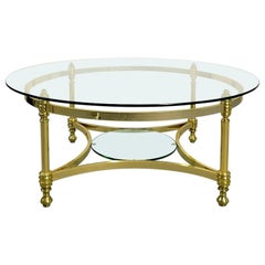 Round Brass Coffee Table with Glass Top and Shelf, 1970s