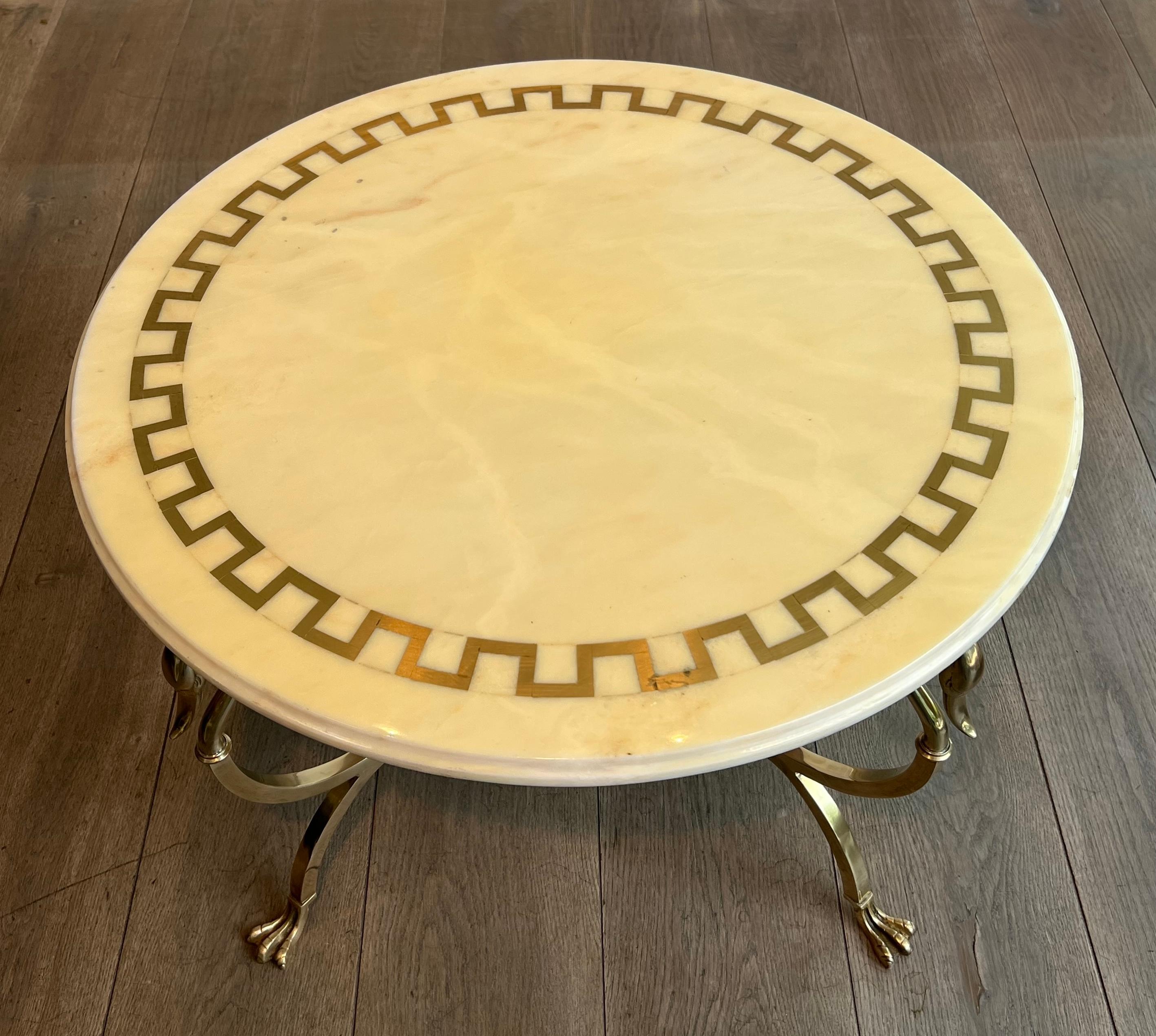 Round Brass Coffee Table With Swan Heads & Feet  & Marble Top by Maison Jansen For Sale 8
