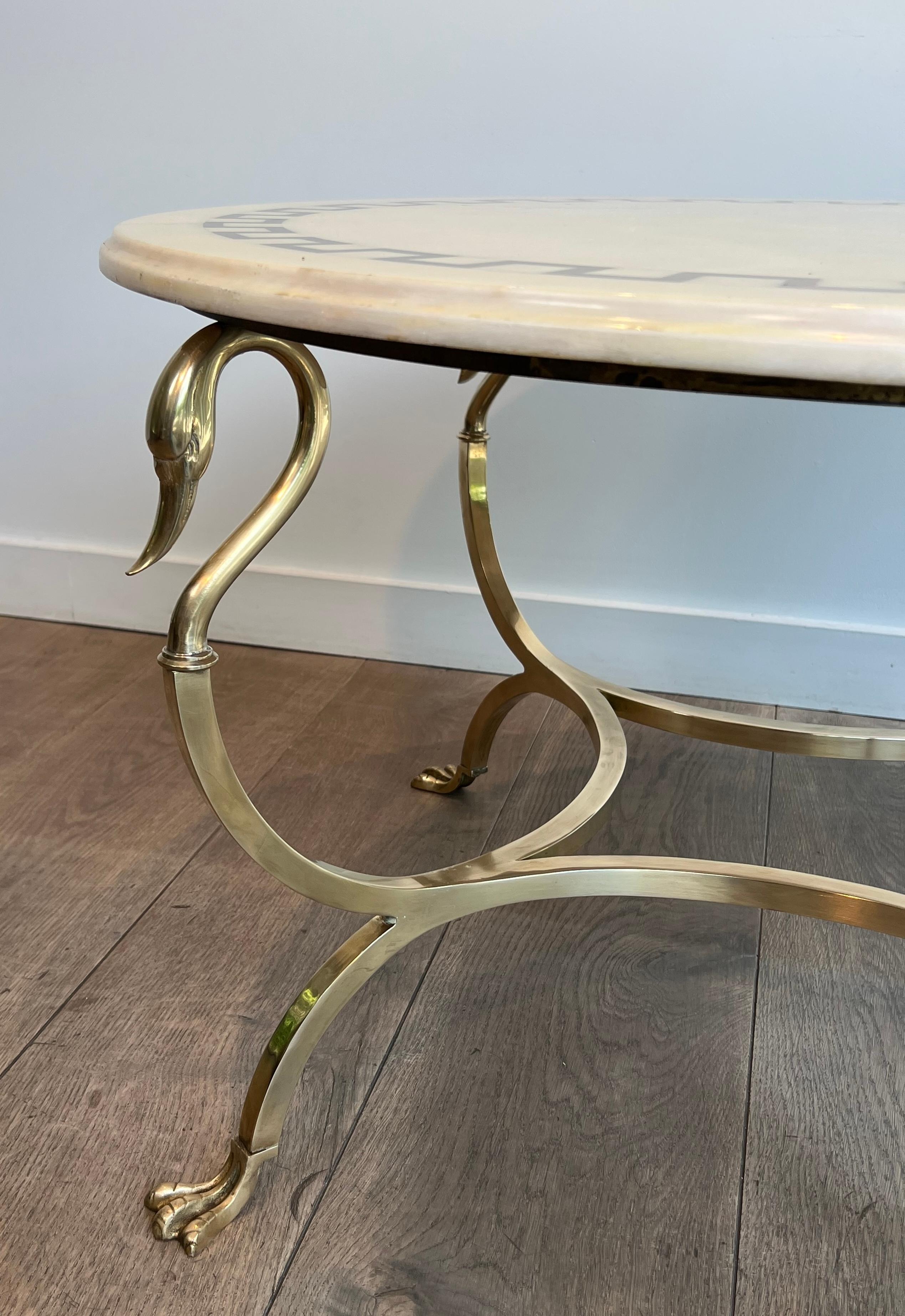 Round Brass Coffee Table With Swan Heads & Feet  & Marble Top by Maison Jansen For Sale 10