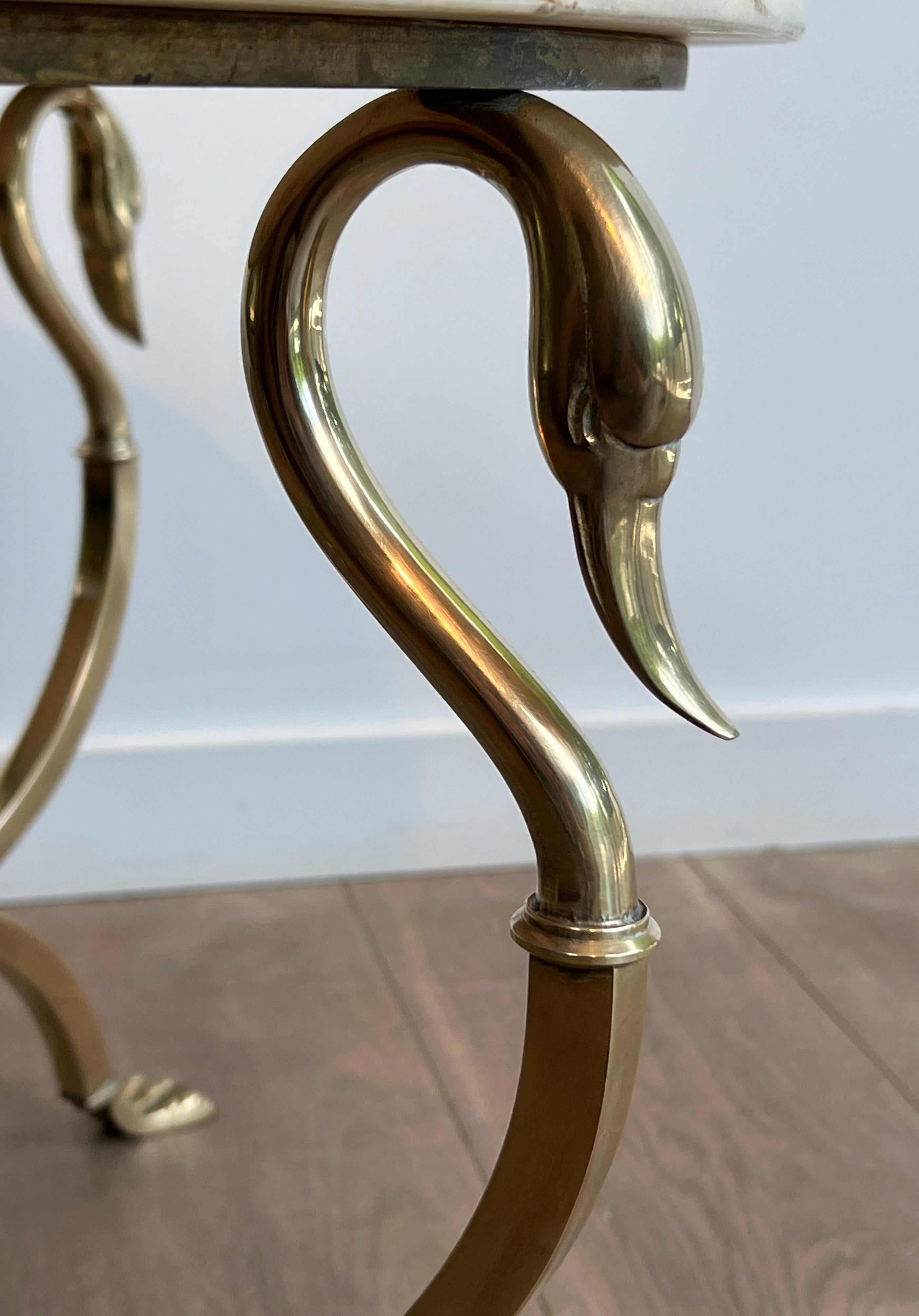 Round Brass Coffee Table With Swan Heads & Feet  & Marble Top by Maison Jansen For Sale 11
