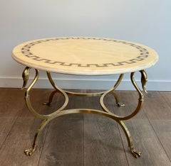 Round Brass Coffee Table With Swan Heads & Feet  & Marble Top by Maison Jansen