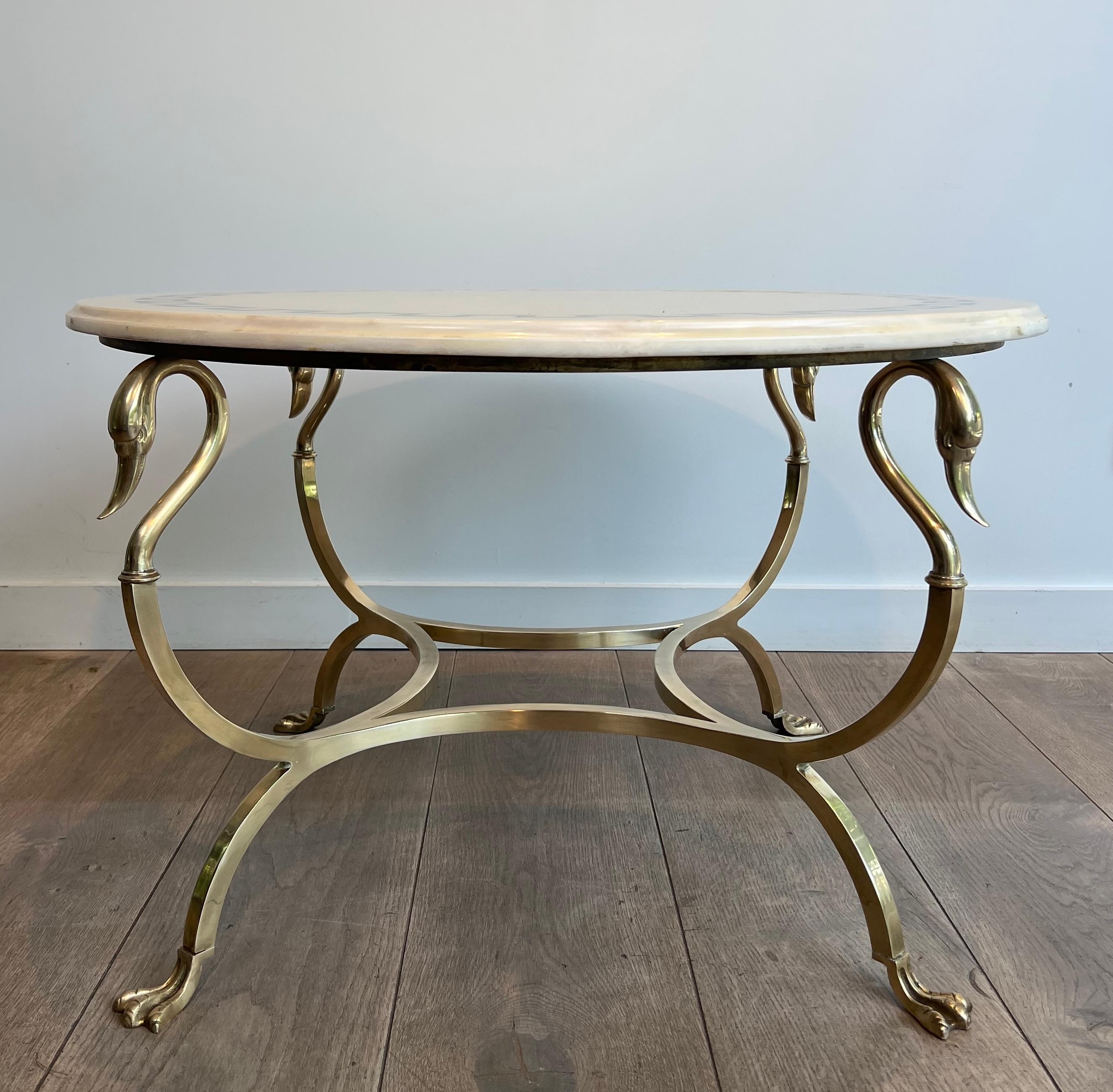 Neoclassical Round Brass Coffee Table With Swan Heads & Feet  & Marble Top by Maison Jansen For Sale