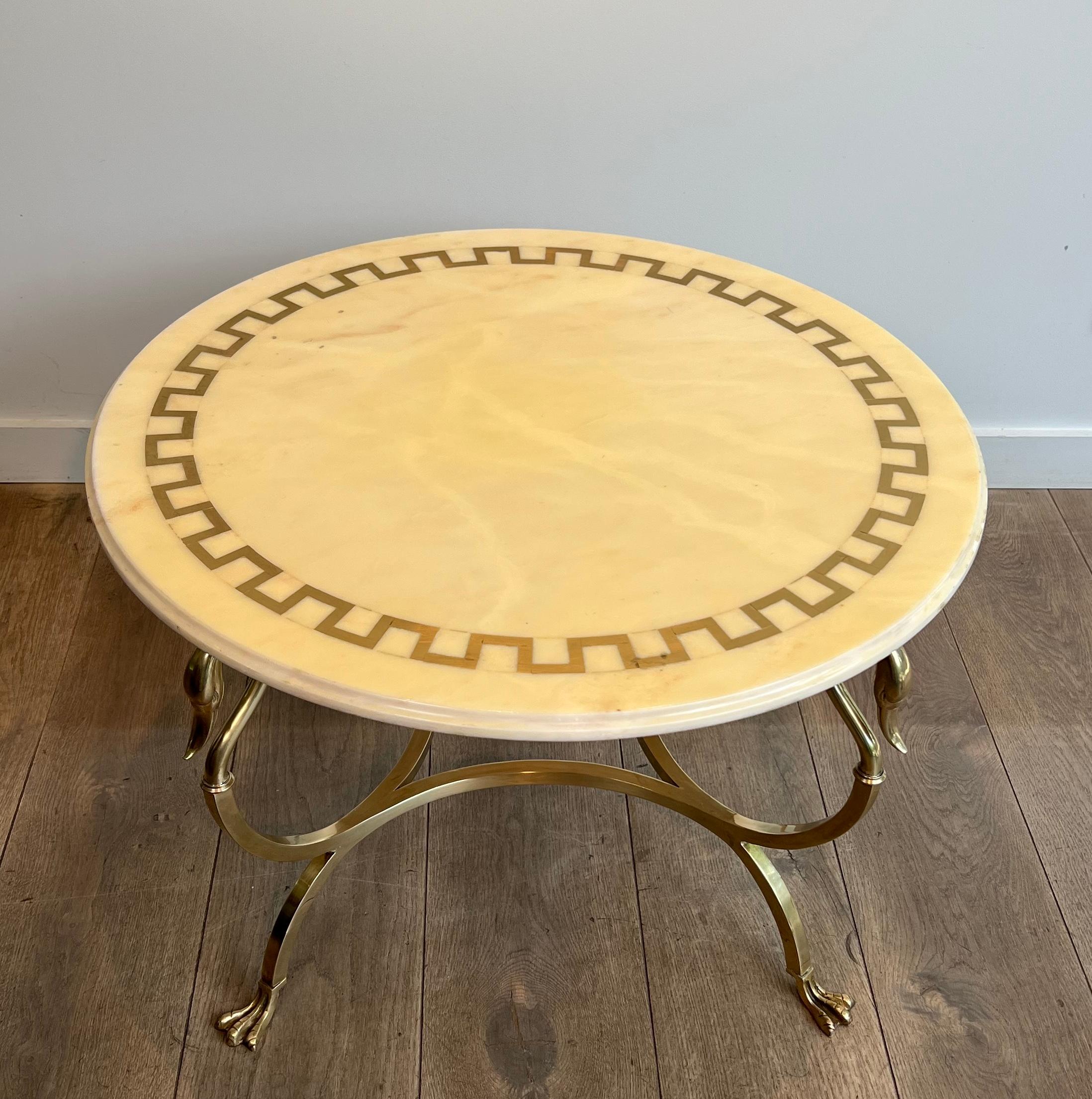 French Round Brass Coffee Table With Swan Heads & Feet  & Marble Top by Maison Jansen For Sale