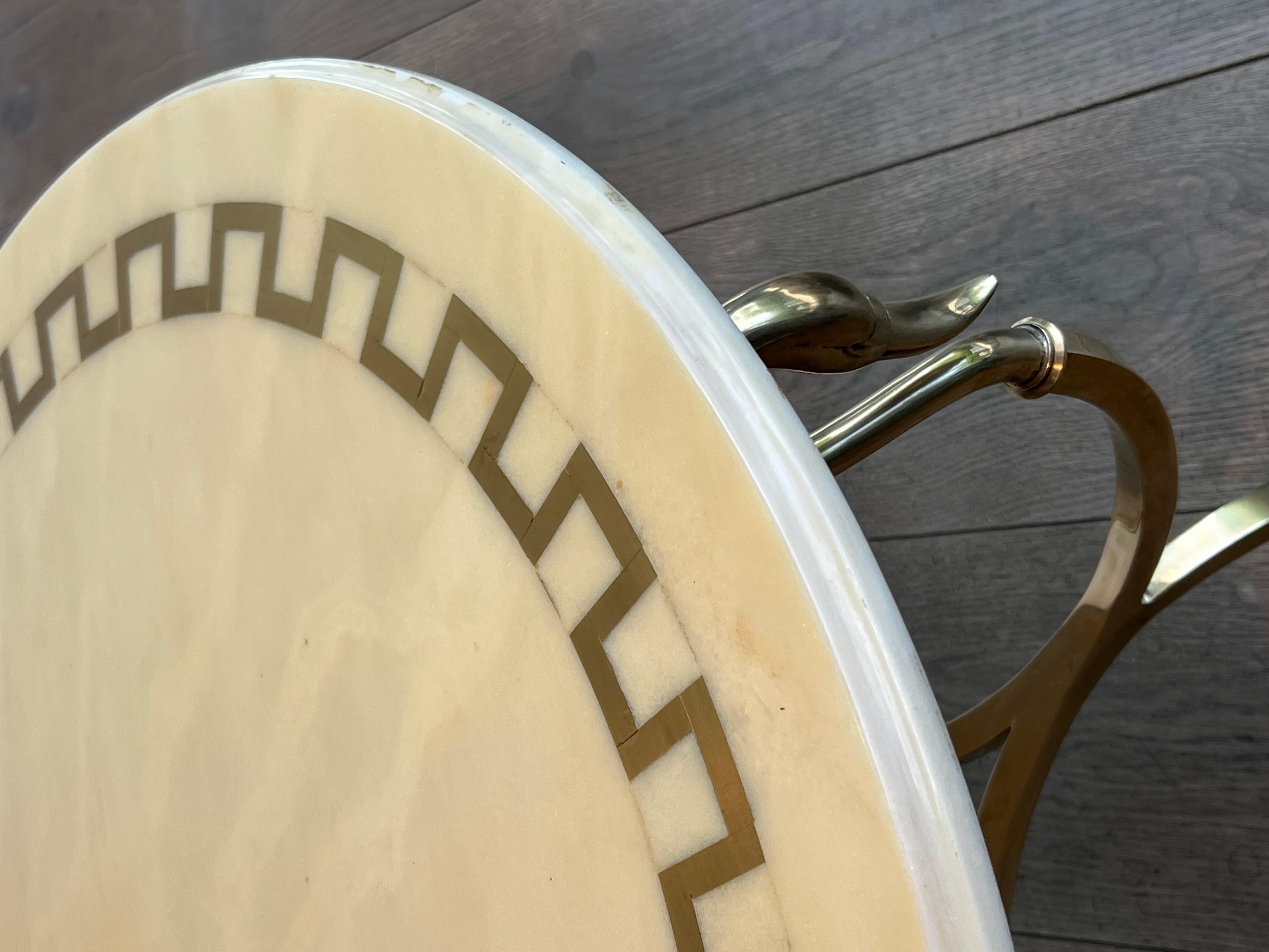Mid-20th Century Round Brass Coffee Table With Swan Heads & Feet  & Marble Top by Maison Jansen For Sale