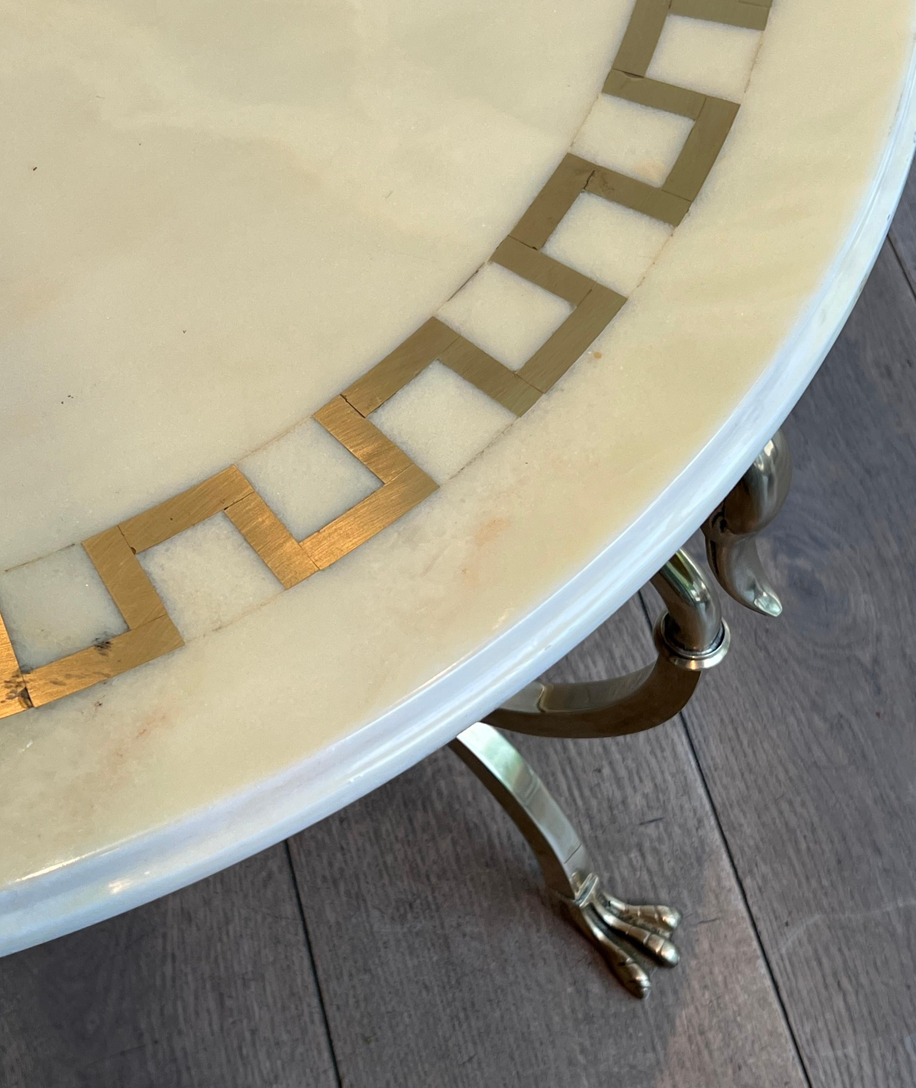 Round Brass Coffee Table With Swan Heads & Feet  & Marble Top by Maison Jansen For Sale 1