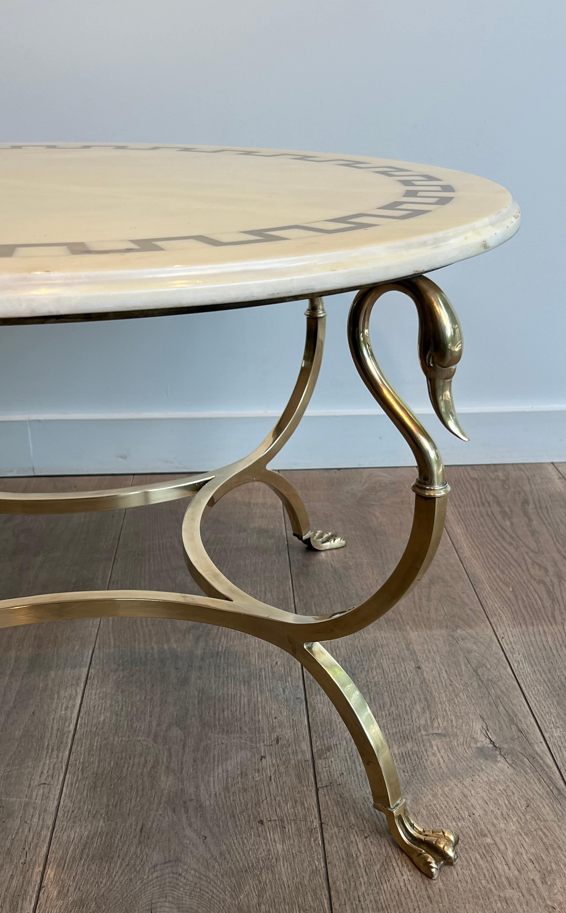 Round Brass Coffee Table With Swan Heads & Feet  & Marble Top by Maison Jansen For Sale 2