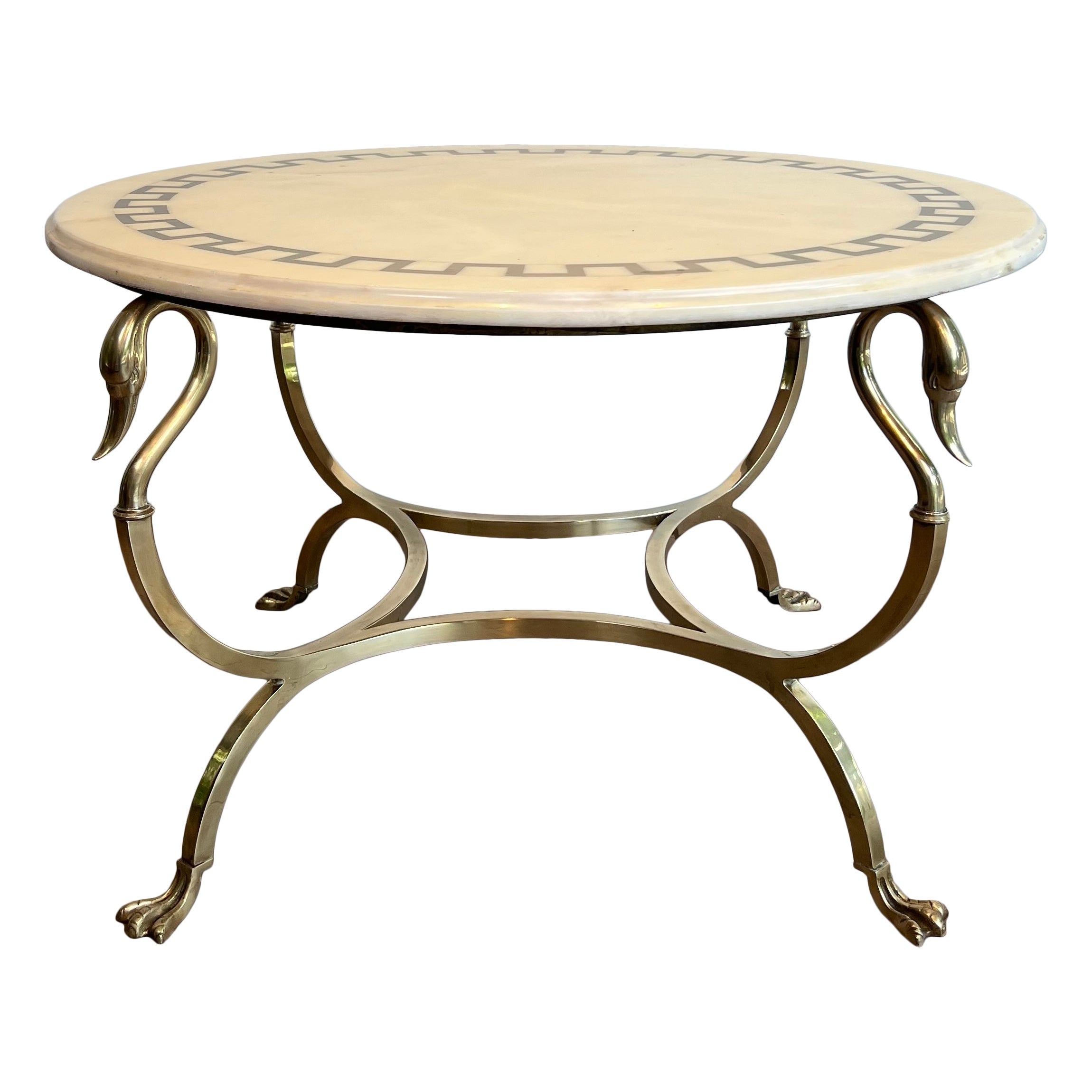 Round Brass Coffee Table With Swan Heads & Feet  & Marble Top by Maison Jansen For Sale
