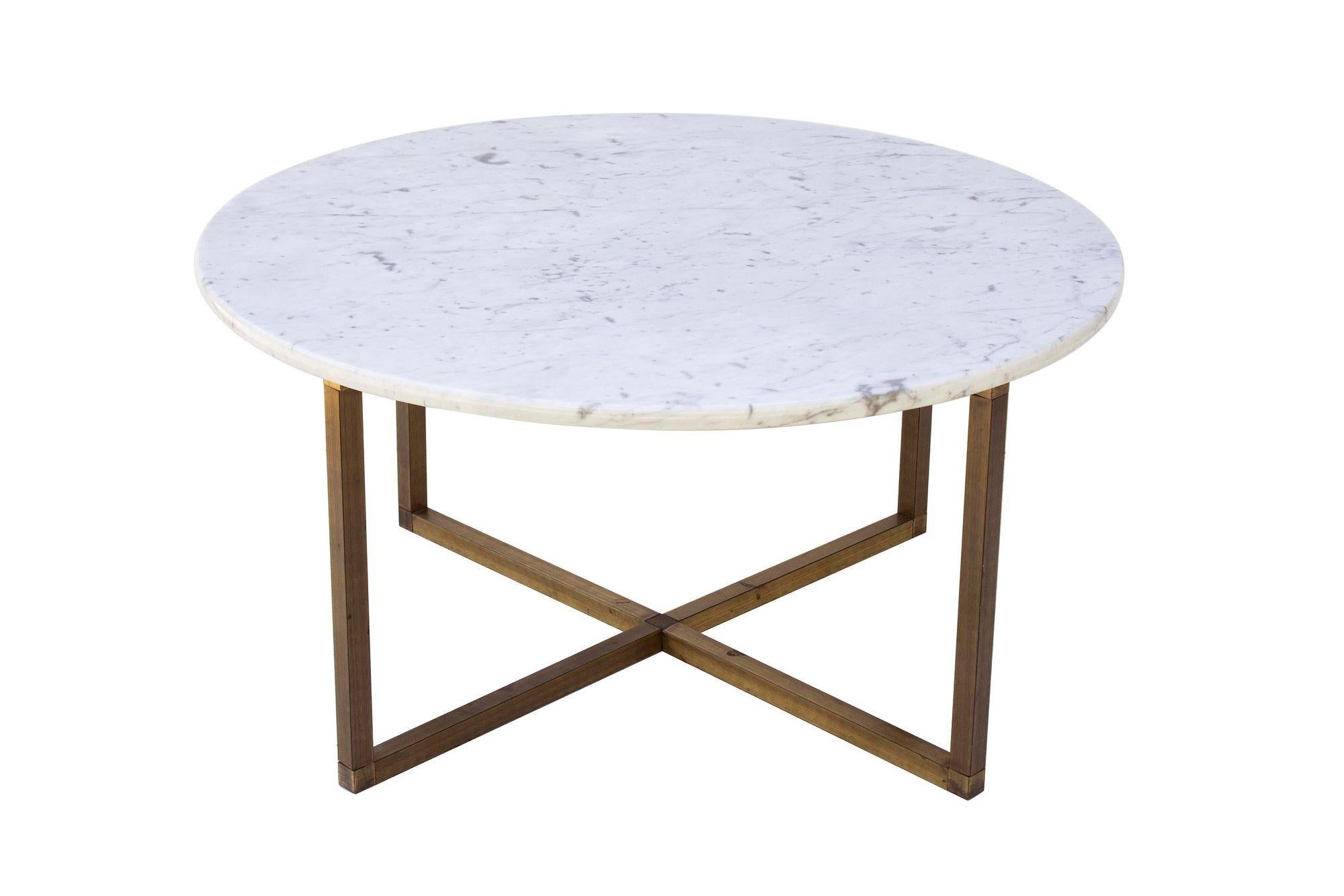 Round Brass Coffee Table with x Base and Italian Marble Top For Sale 5