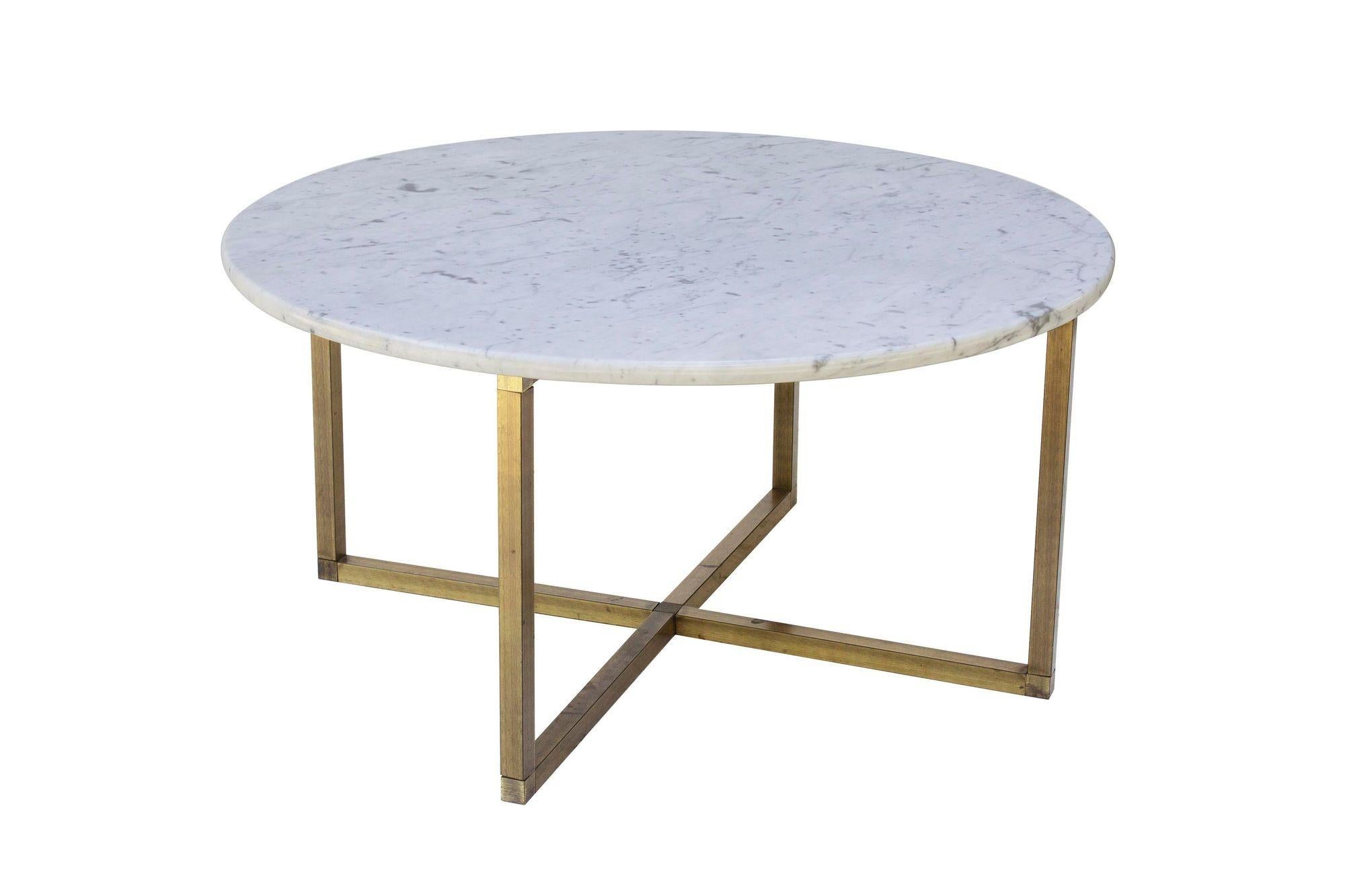 Mid-Century Modern Round Brass Coffee Table with x Base and Italian Marble Top For Sale