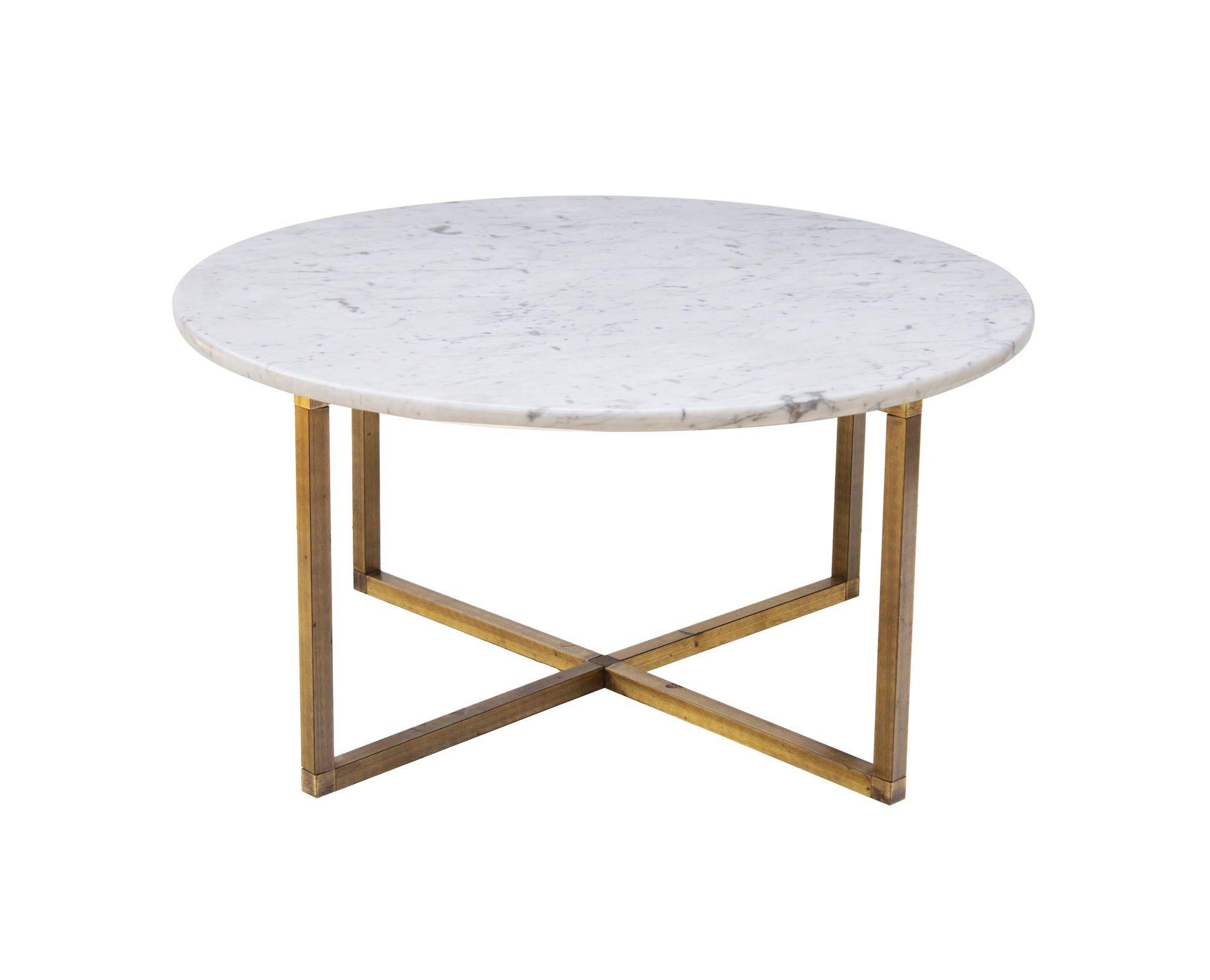 American Round Brass Coffee Table with x Base and Italian Marble Top For Sale