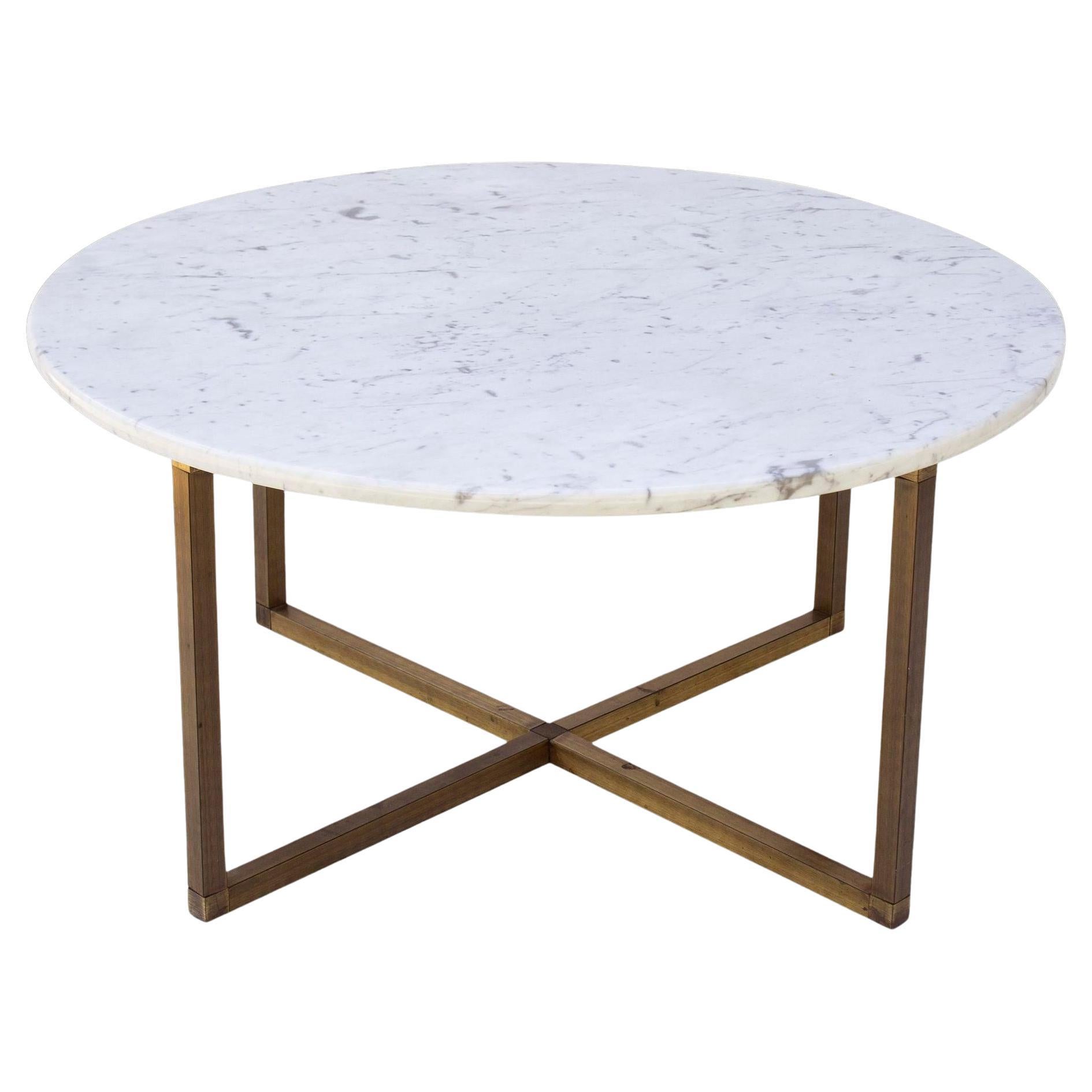 Round Brass Coffee Table with x Base and Italian Marble Top For Sale