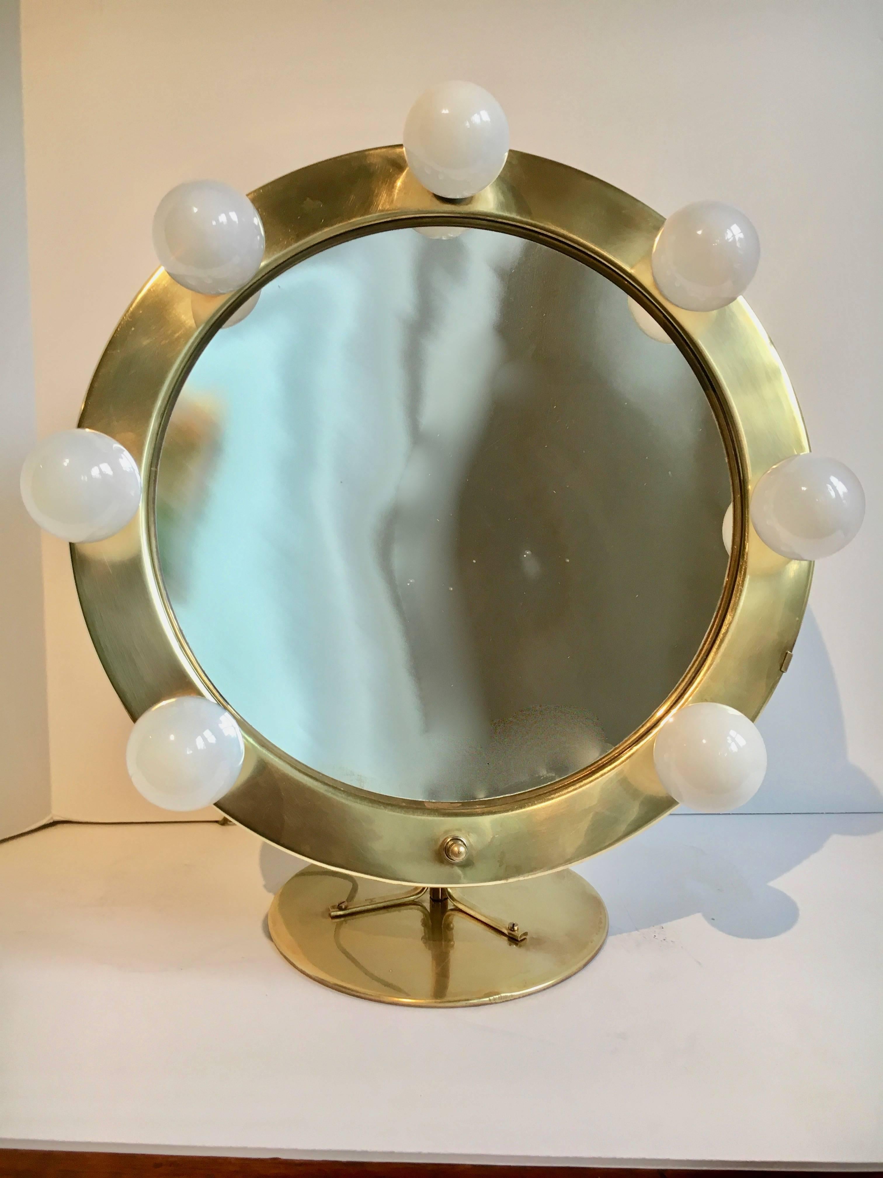 Mid-Century Modern Round Brass Magnifying Hollywood Makeup Vanity Mirror