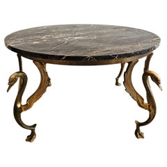 Vintage Round Brass Marble Coffee Table from France
