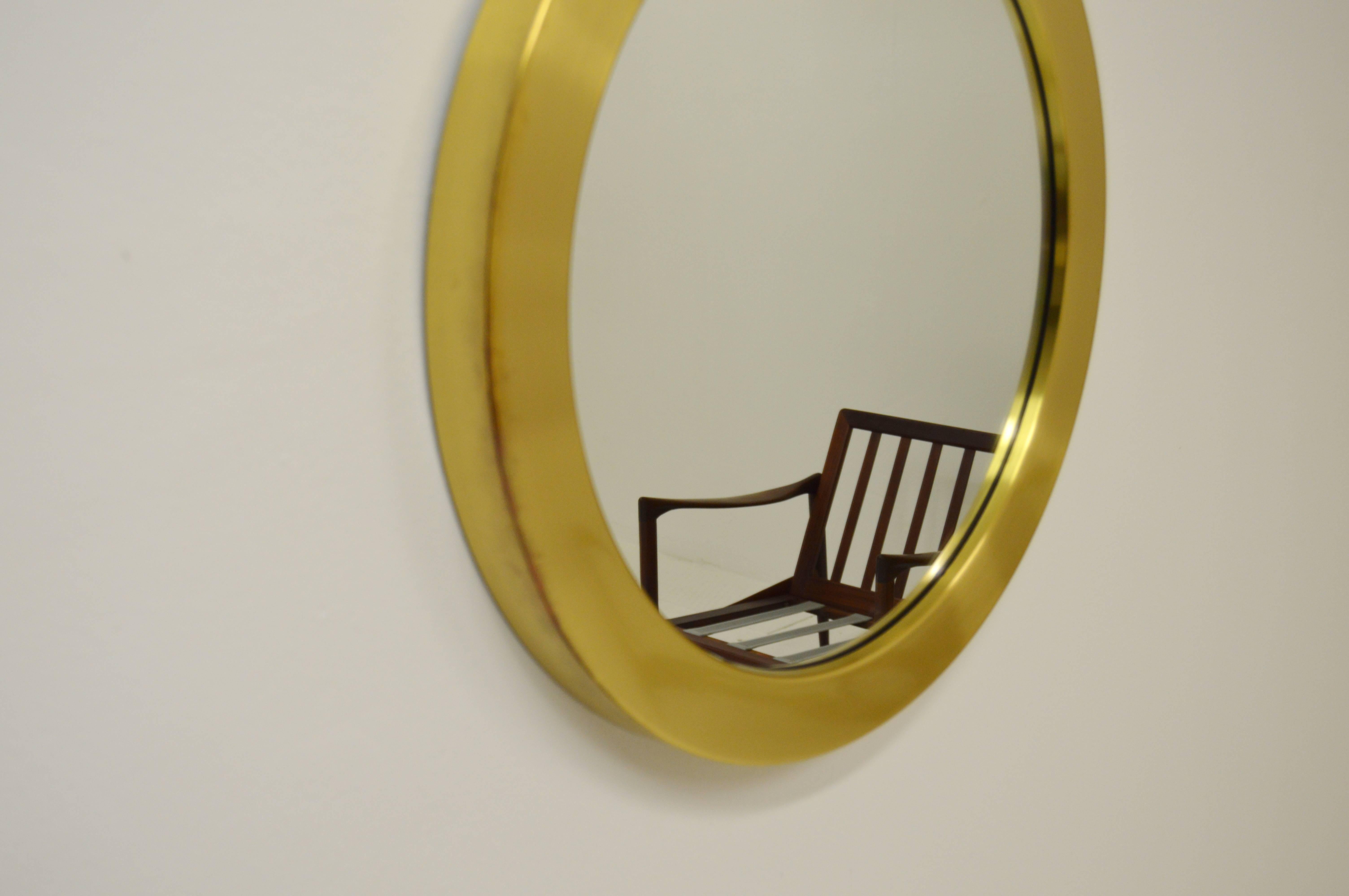 Scandinavian Modern Round Brass Mirror from Glasmäster Markaryd, Sweden, circa 1960 For Sale