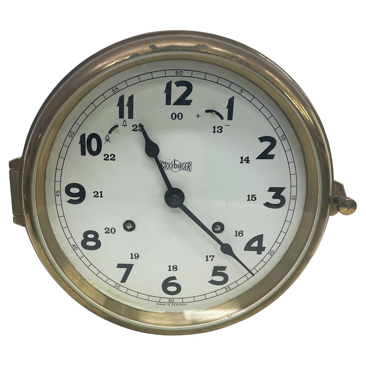 Round Brass Nautical Ship's Bell Clock Winding Key Stockburger West Germany