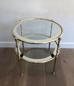 Round Brass Side Table with Glass Shelves Surrounded by a Silvered Mirror French