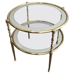 Round Brass Side Table with Glass Shelves Surrounded by a Silvered Mirror French