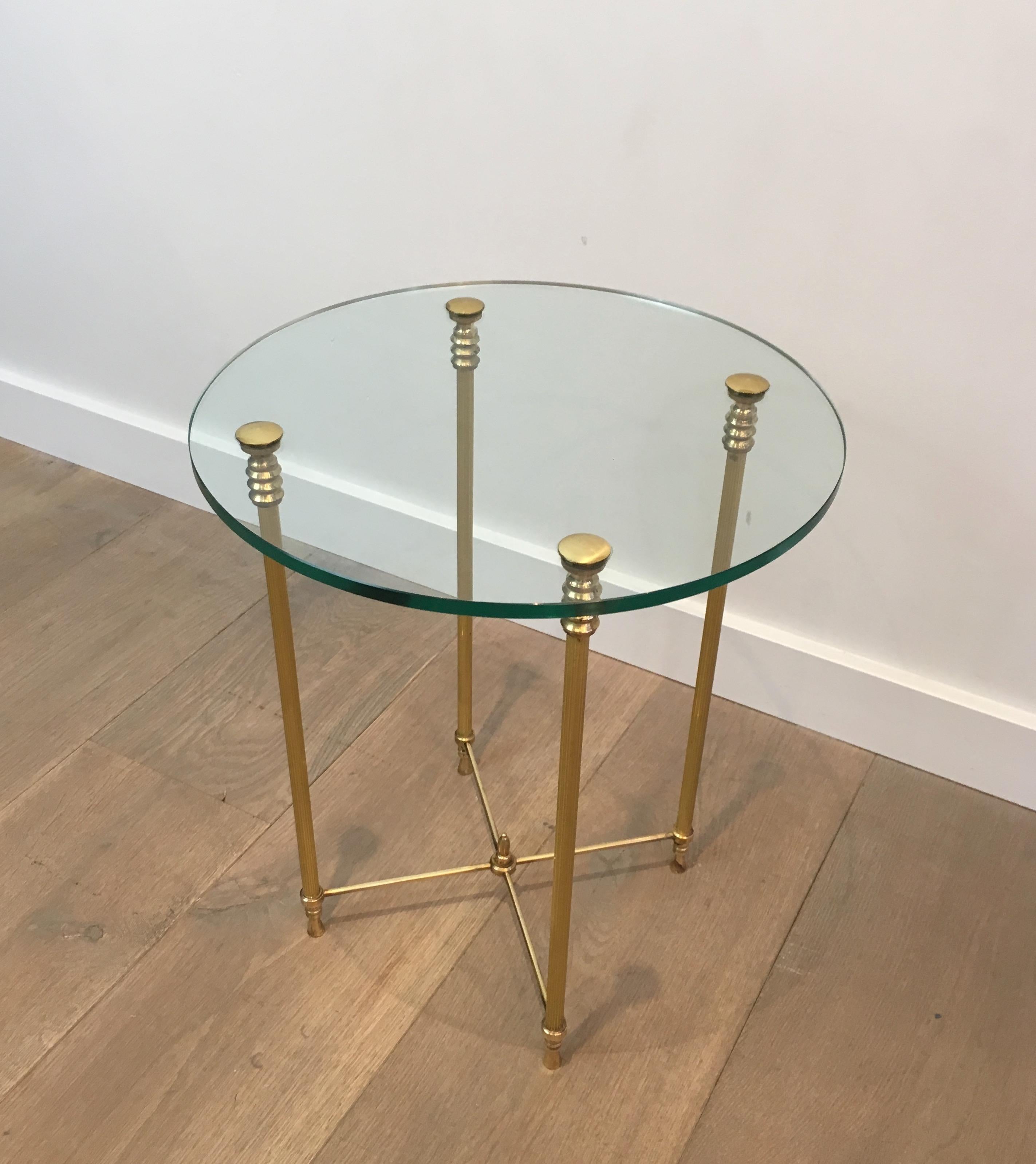 Round Brass Side Table with Glass Top, French, circa 1970 7