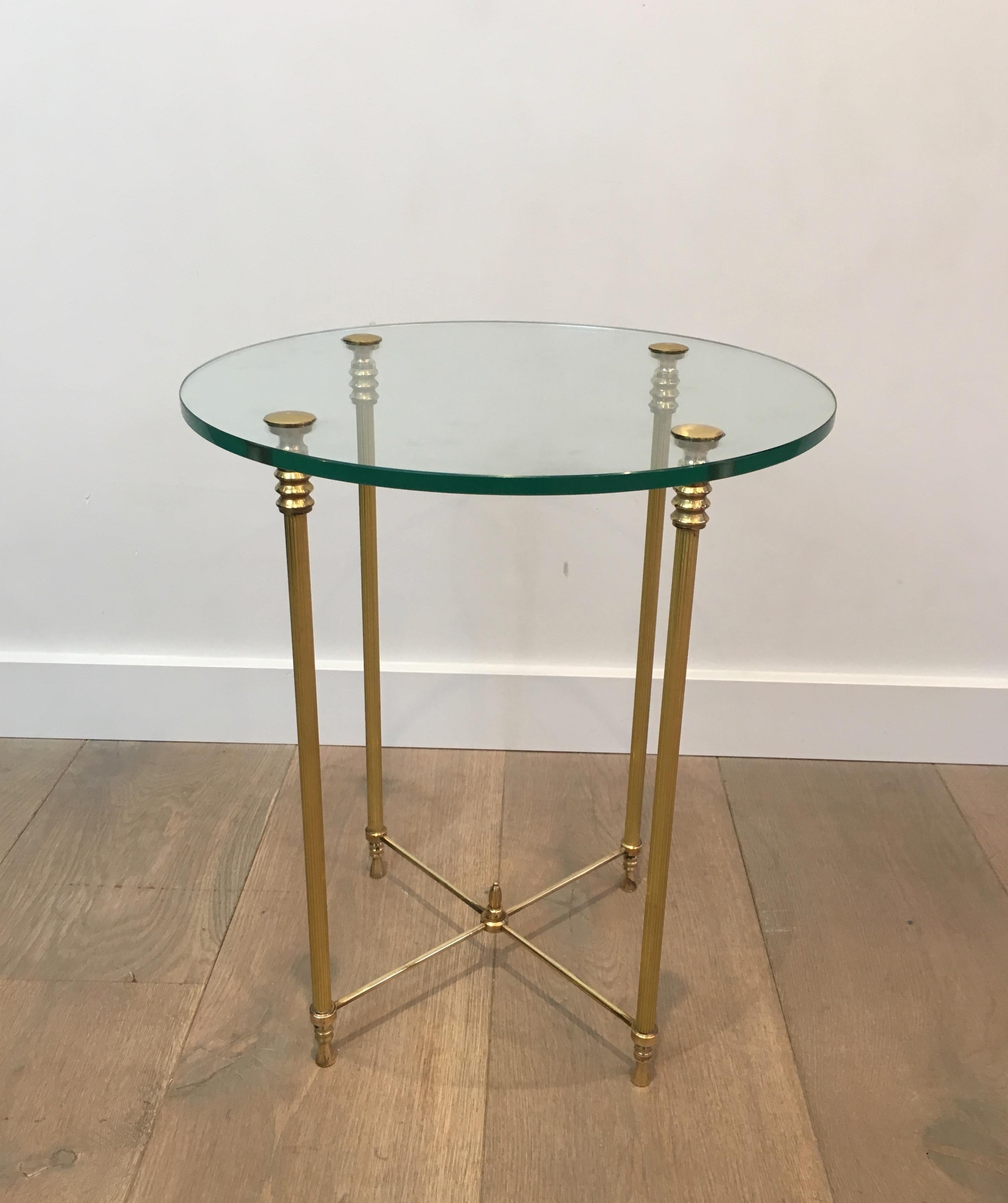 Round Brass Side Table with Glass Top, French, circa 1970 8