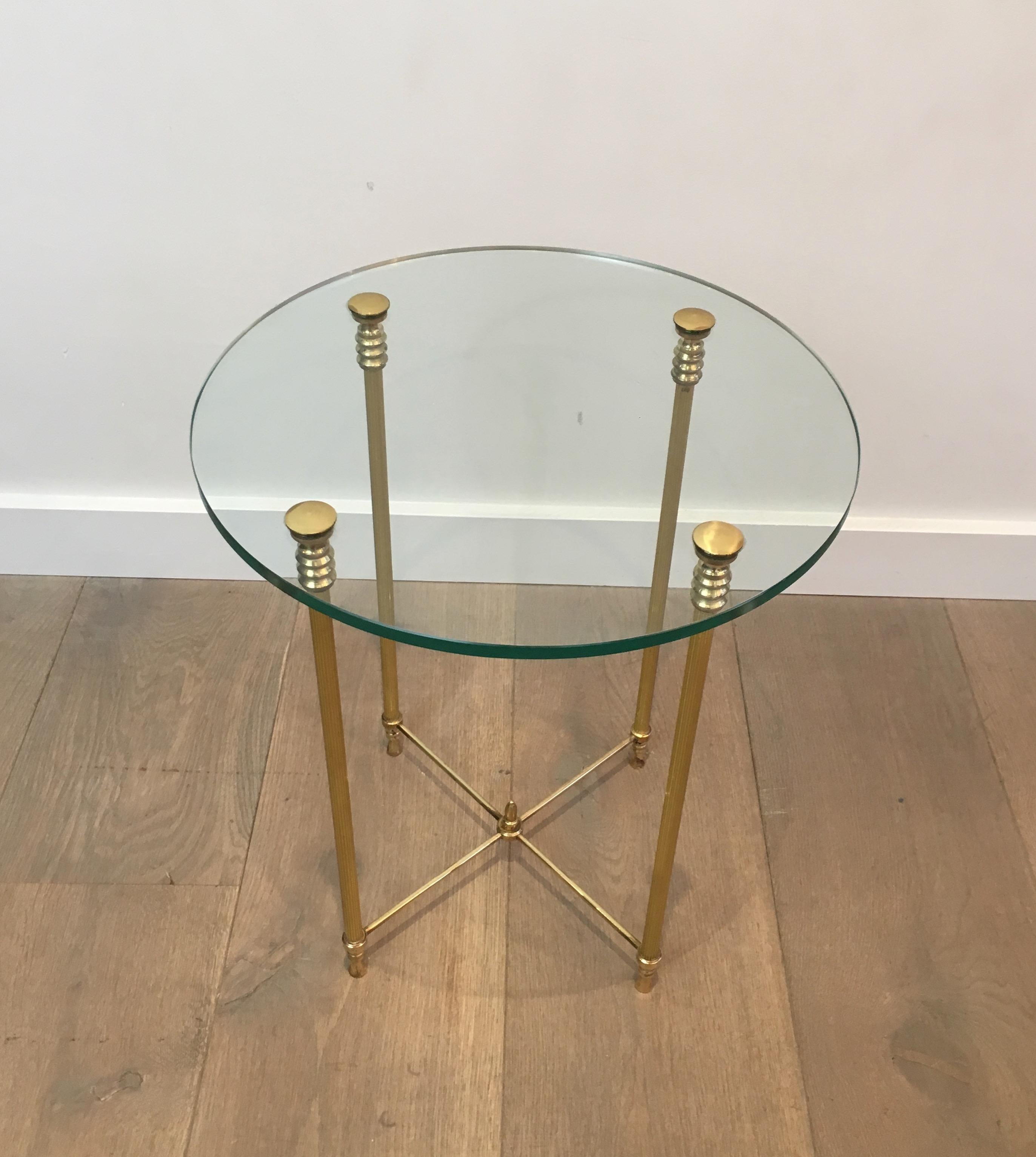 Round Brass Side Table with Glass Top, French, circa 1970 9