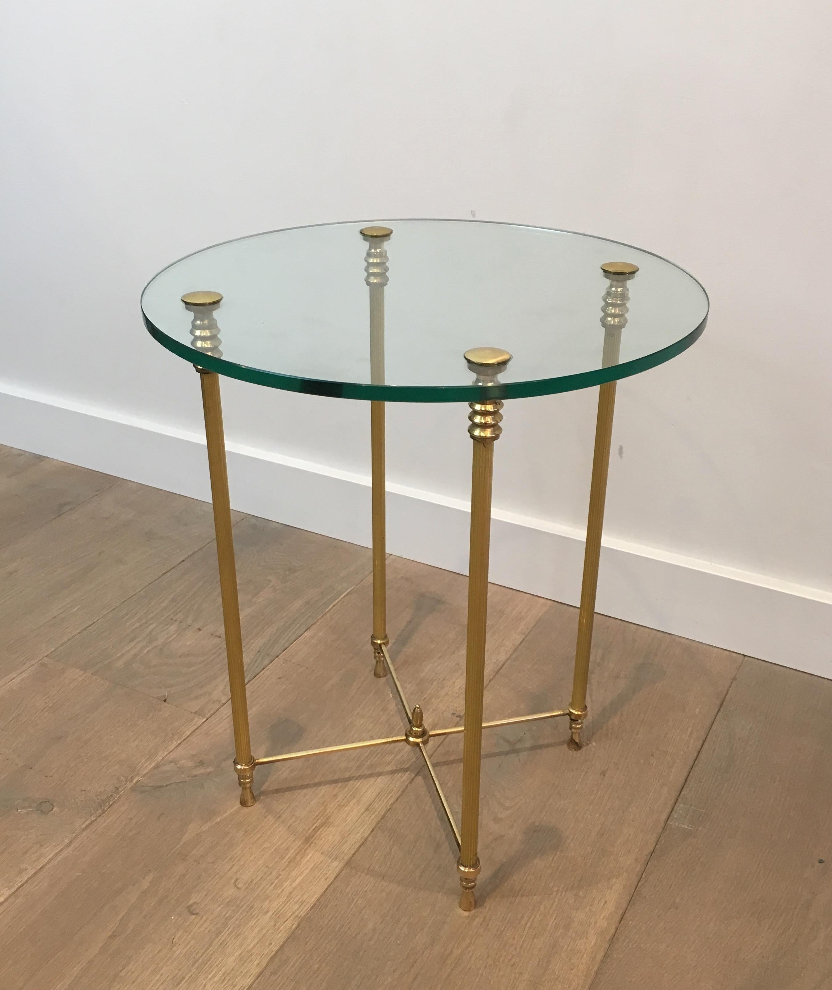 Round Brass Side Table with Glass Top, French, circa 1970 10