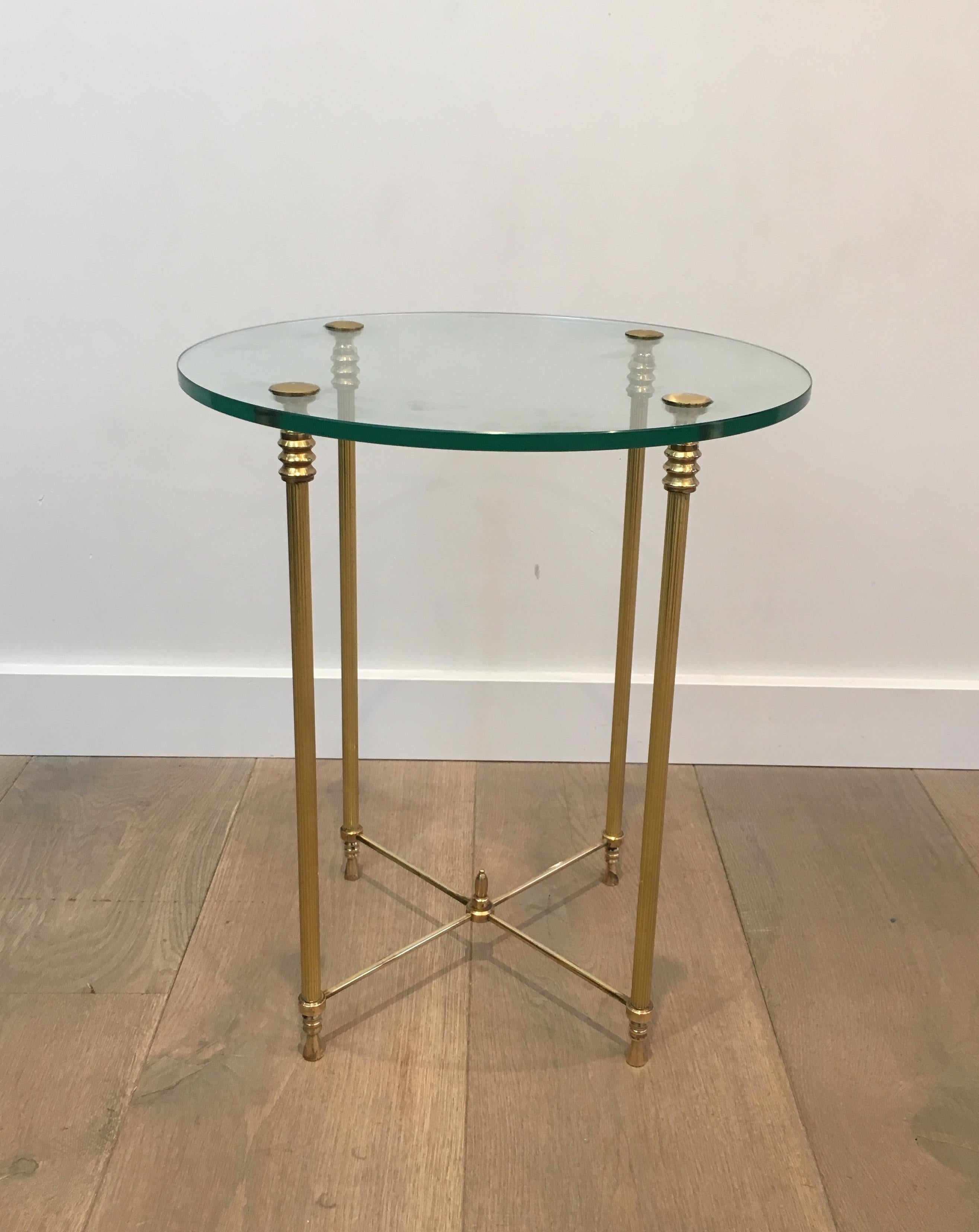Neoclassical Round Brass Side Table with Glass Top, French, circa 1970
