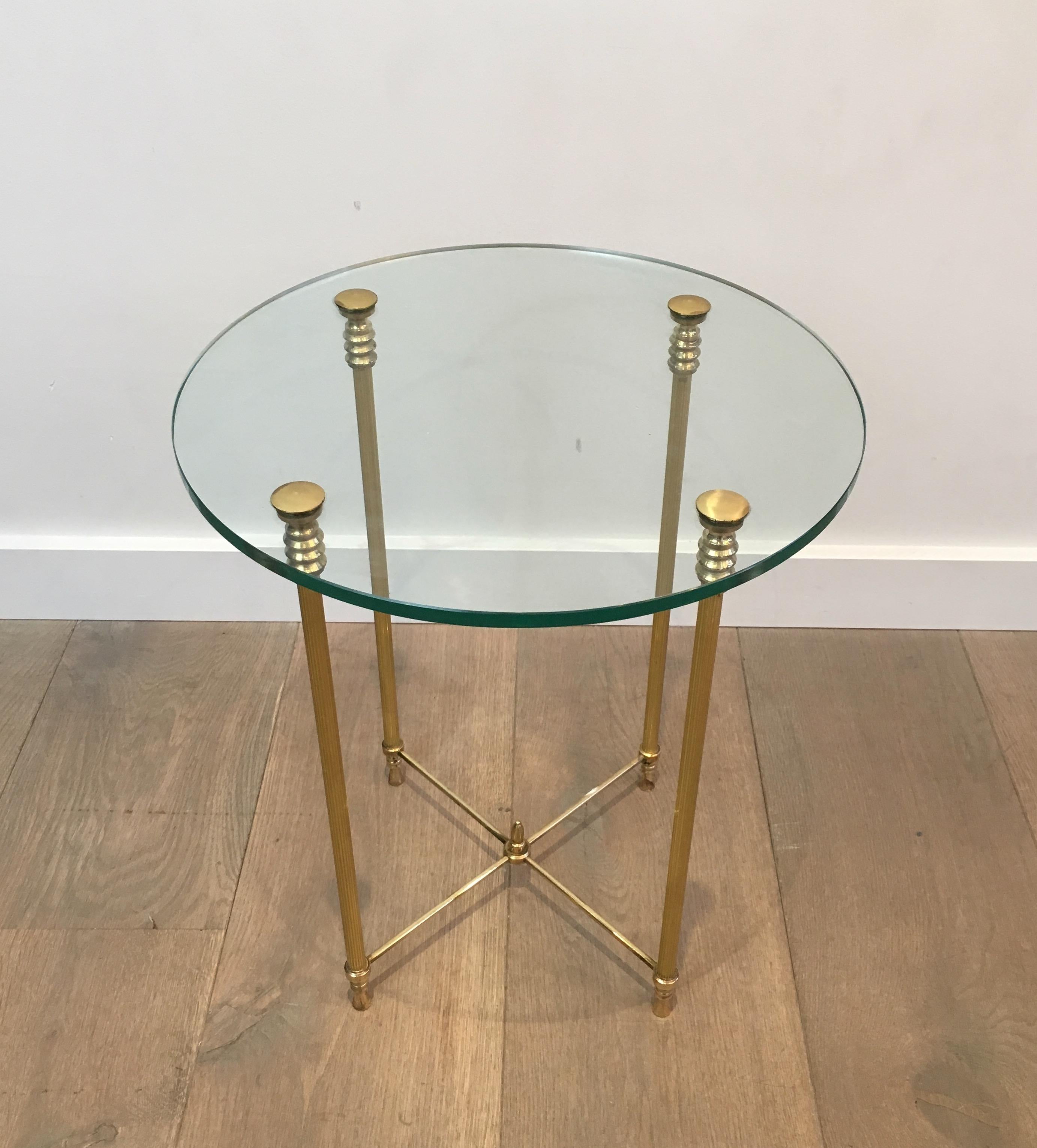 Round Brass Side Table with Glass Top, French, circa 1970 In Good Condition In Marcq-en-Barœul, Hauts-de-France