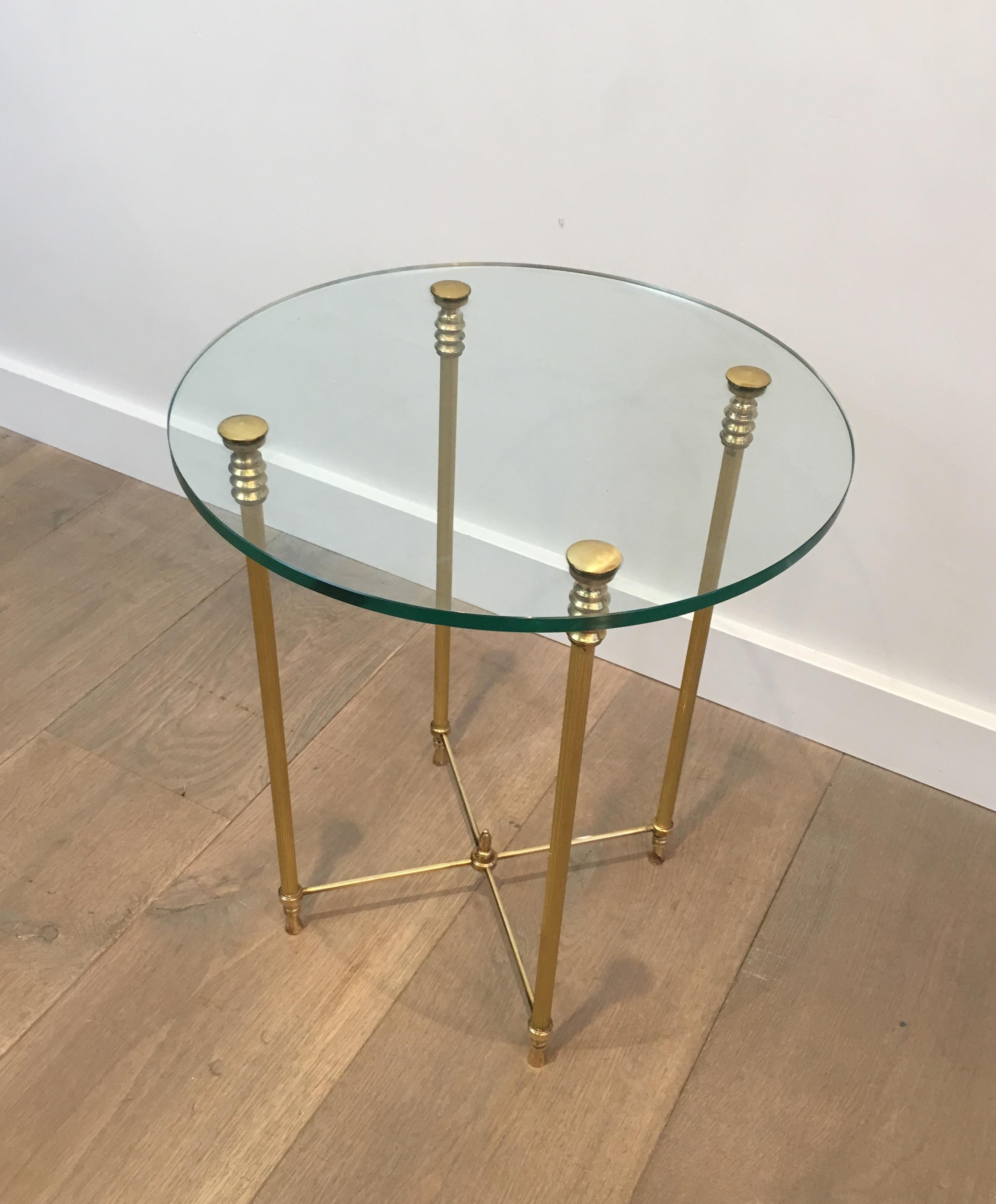 Late 20th Century Round Brass Side Table with Glass Top, French, circa 1970