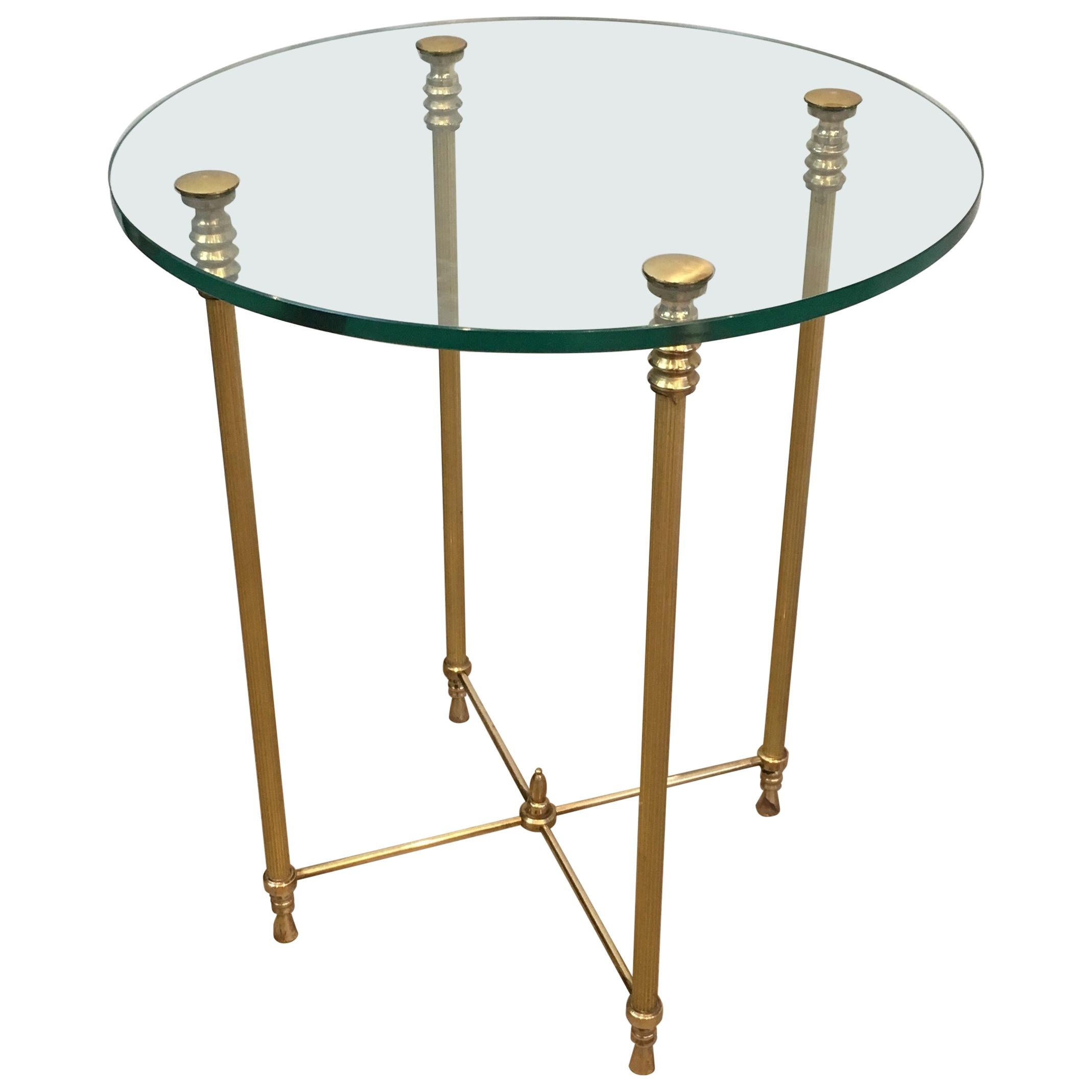 Round Brass Side Table with Glass Top, French, circa 1970