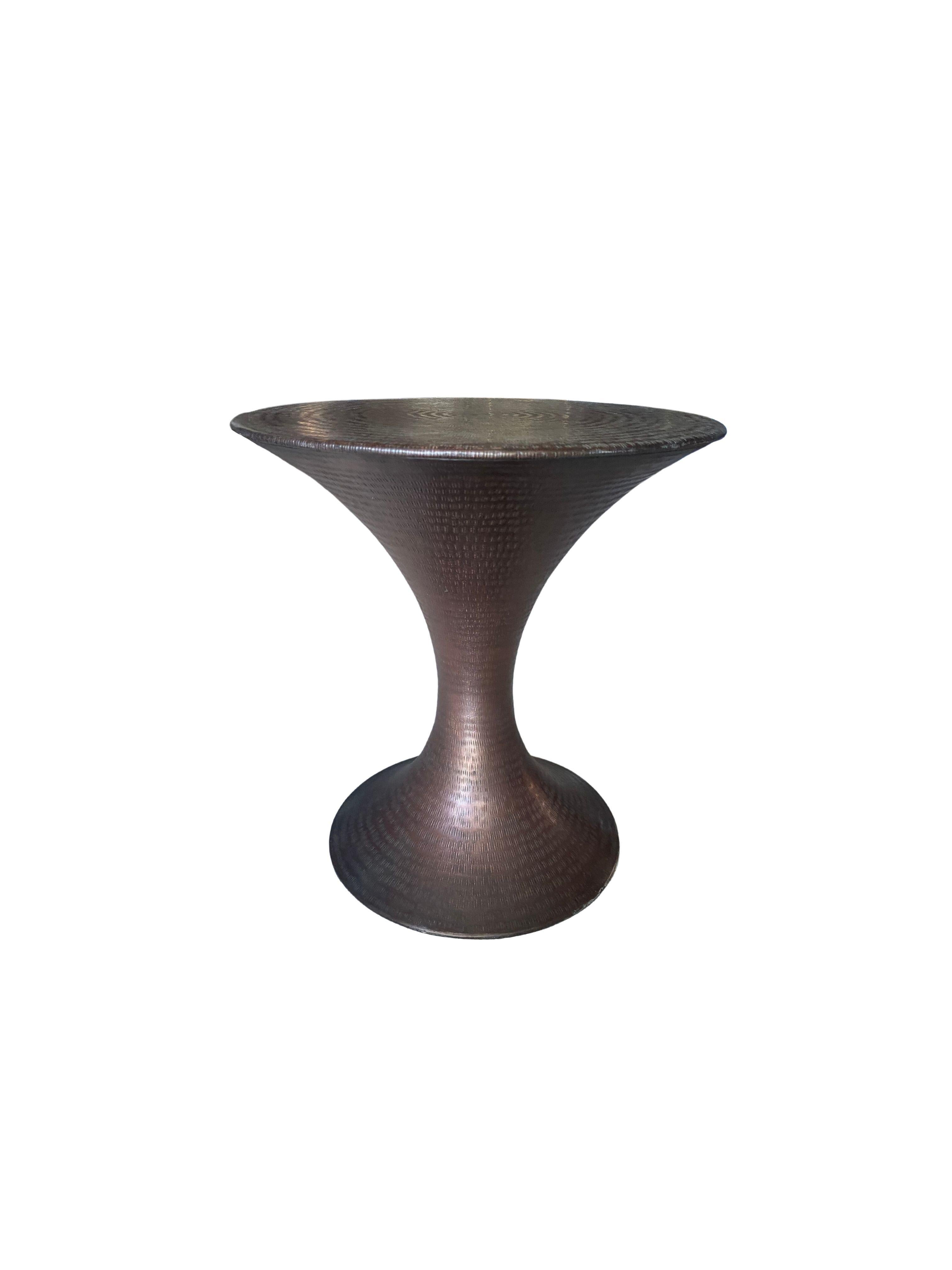 Modern Round Brass Side Table with Hammered Detailing For Sale