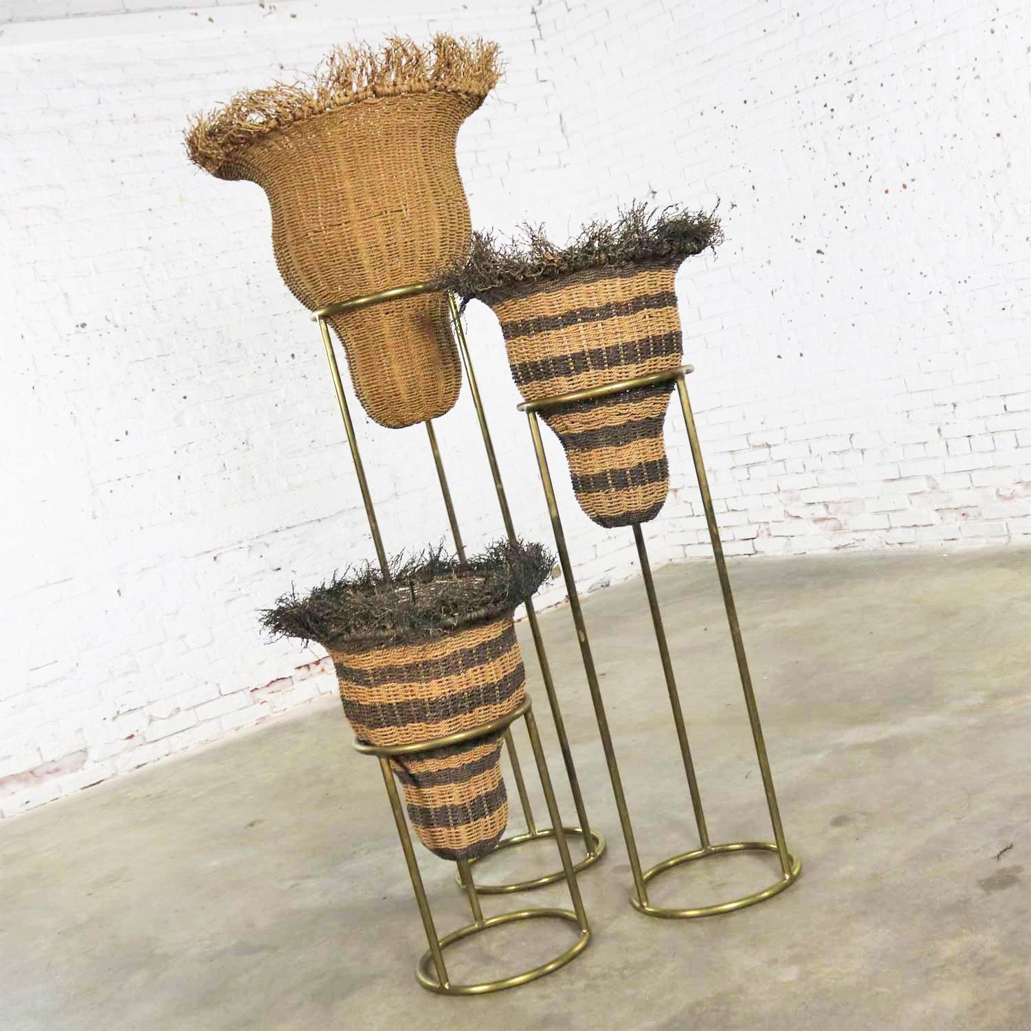 Tribal Round Brass Stands with Extra Large Basket Inserts for Plants, Flowers Set of 3