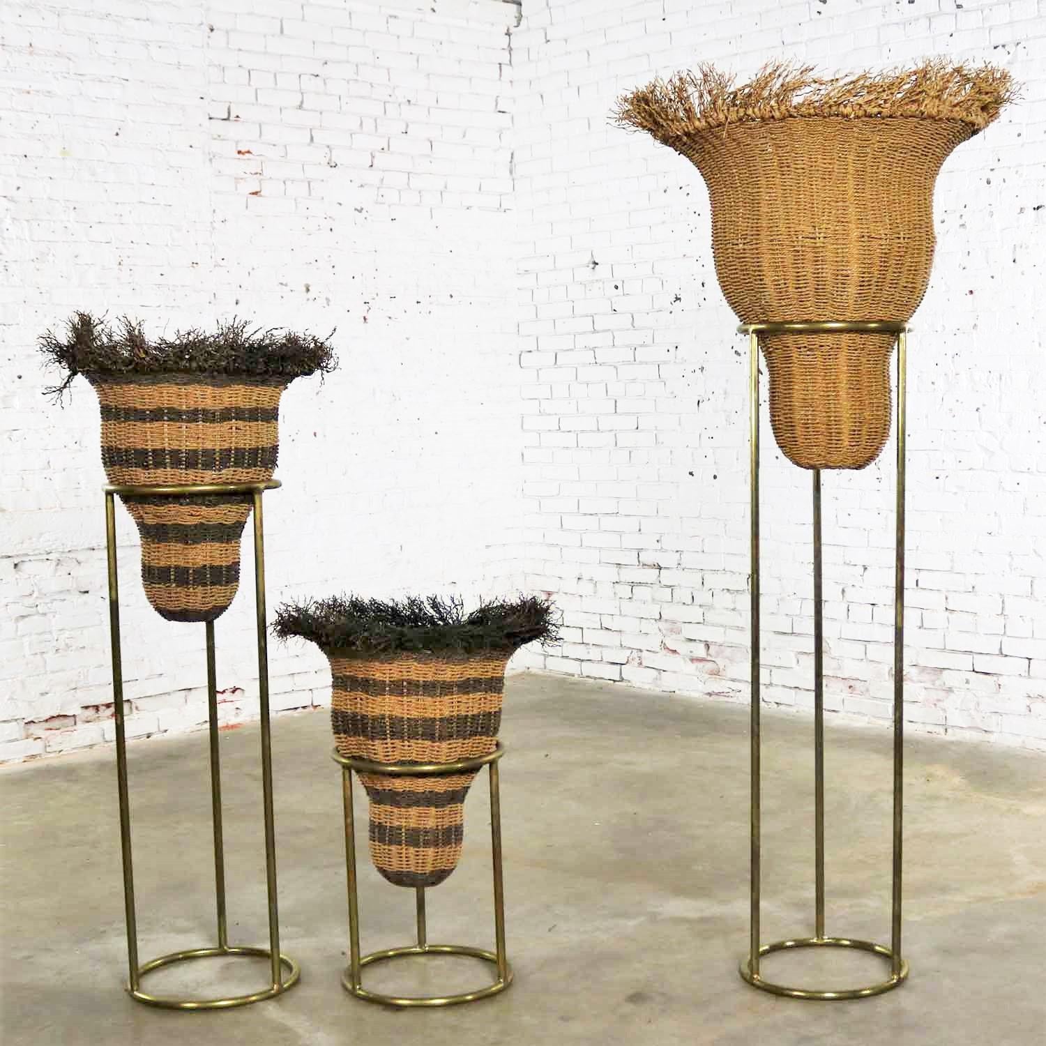 20th Century Round Brass Stands with Extra Large Basket Inserts for Plants, Flowers Set of 3