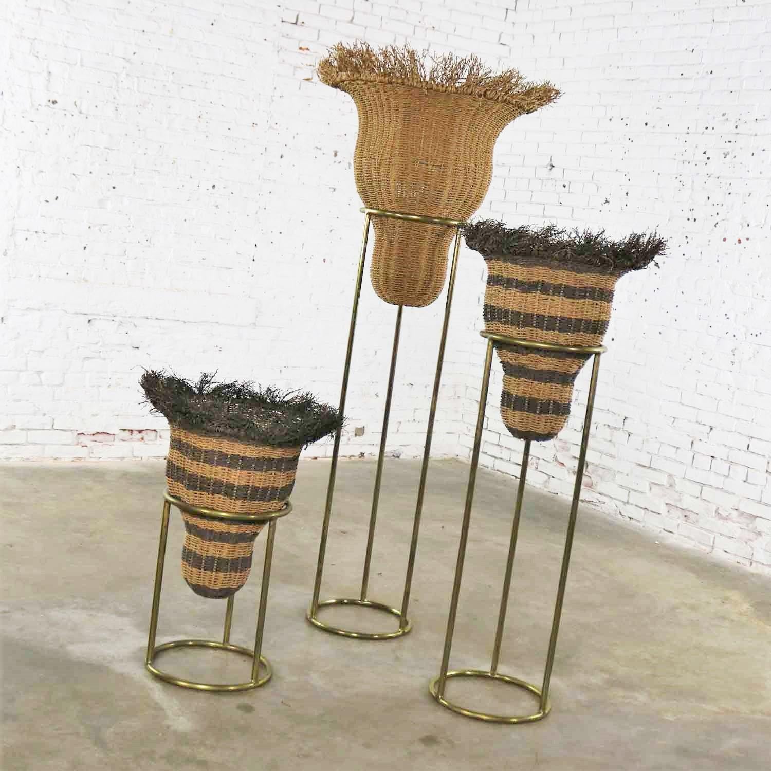 Round Brass Stands with Extra Large Basket Inserts for Plants, Flowers Set of 3 1