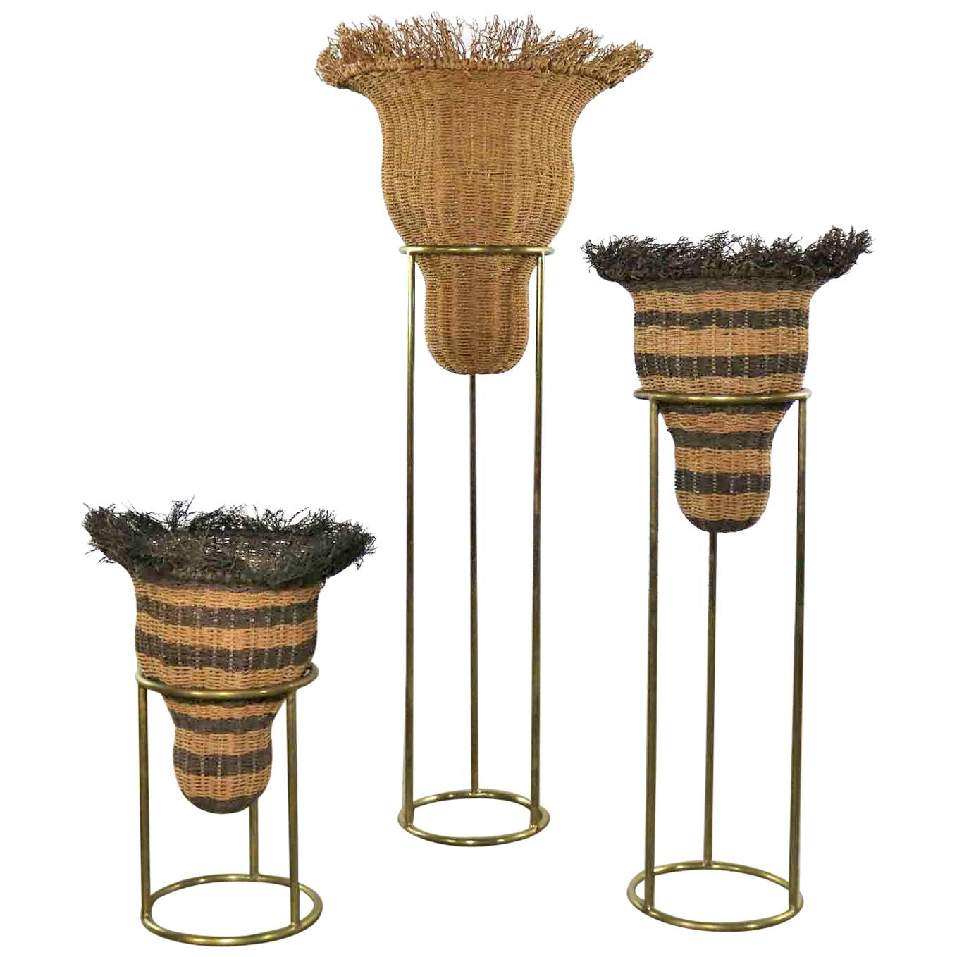 Round Brass Stands with Extra Large Basket Inserts for Plants, Flowers Set of 3