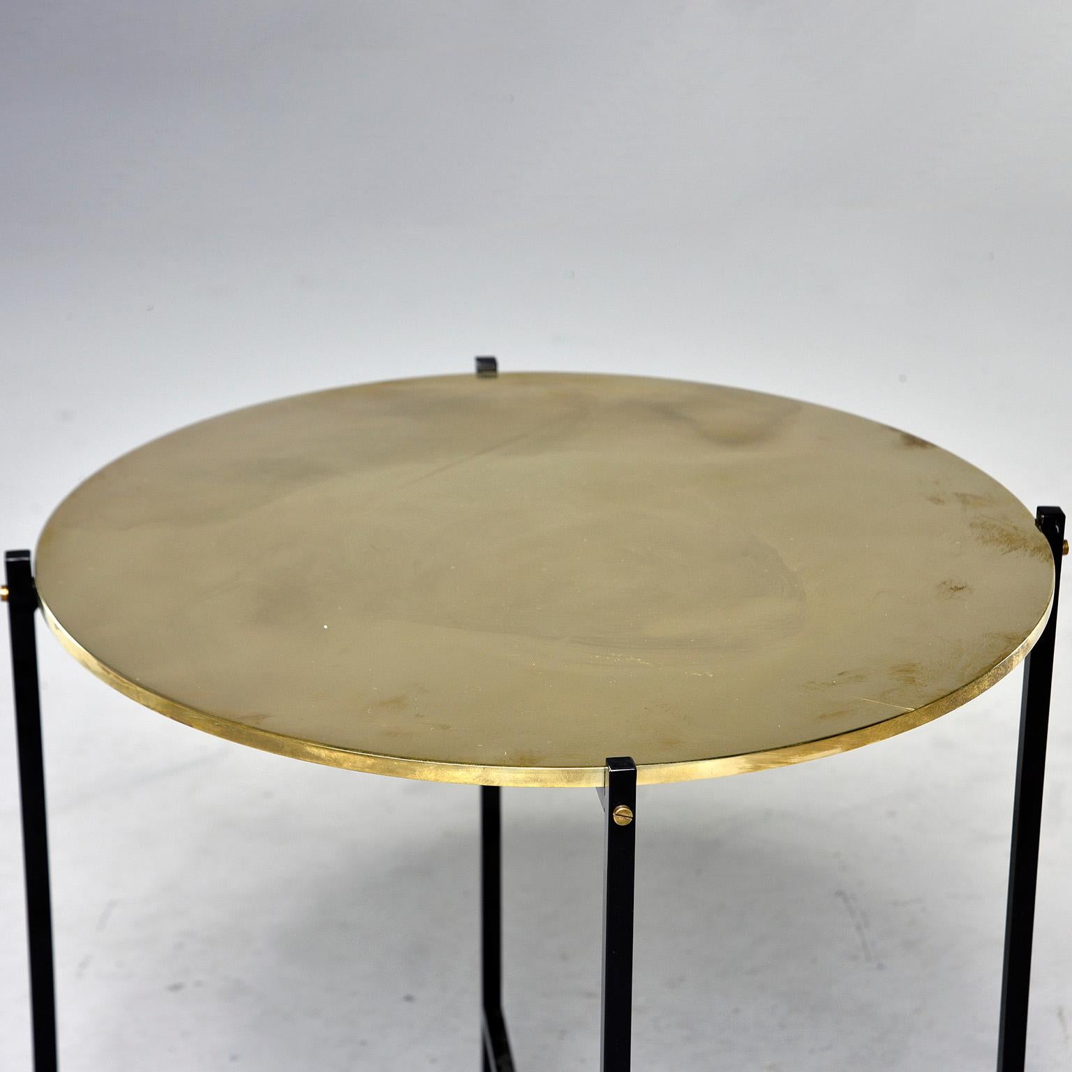 Round Brass Top Side Table with Slender Black Iron Base In Excellent Condition In Troy, MI