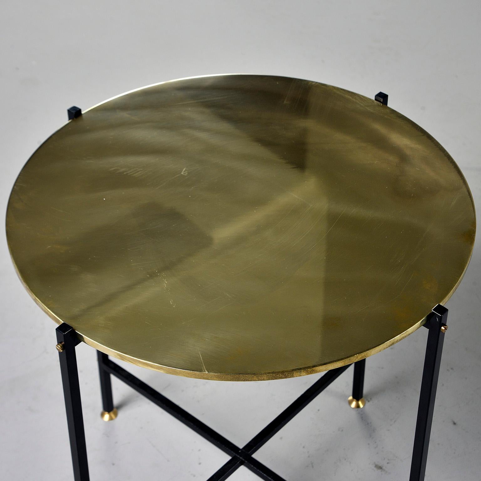 Contemporary Round Brass Top Side Table with Slender Black Iron Base