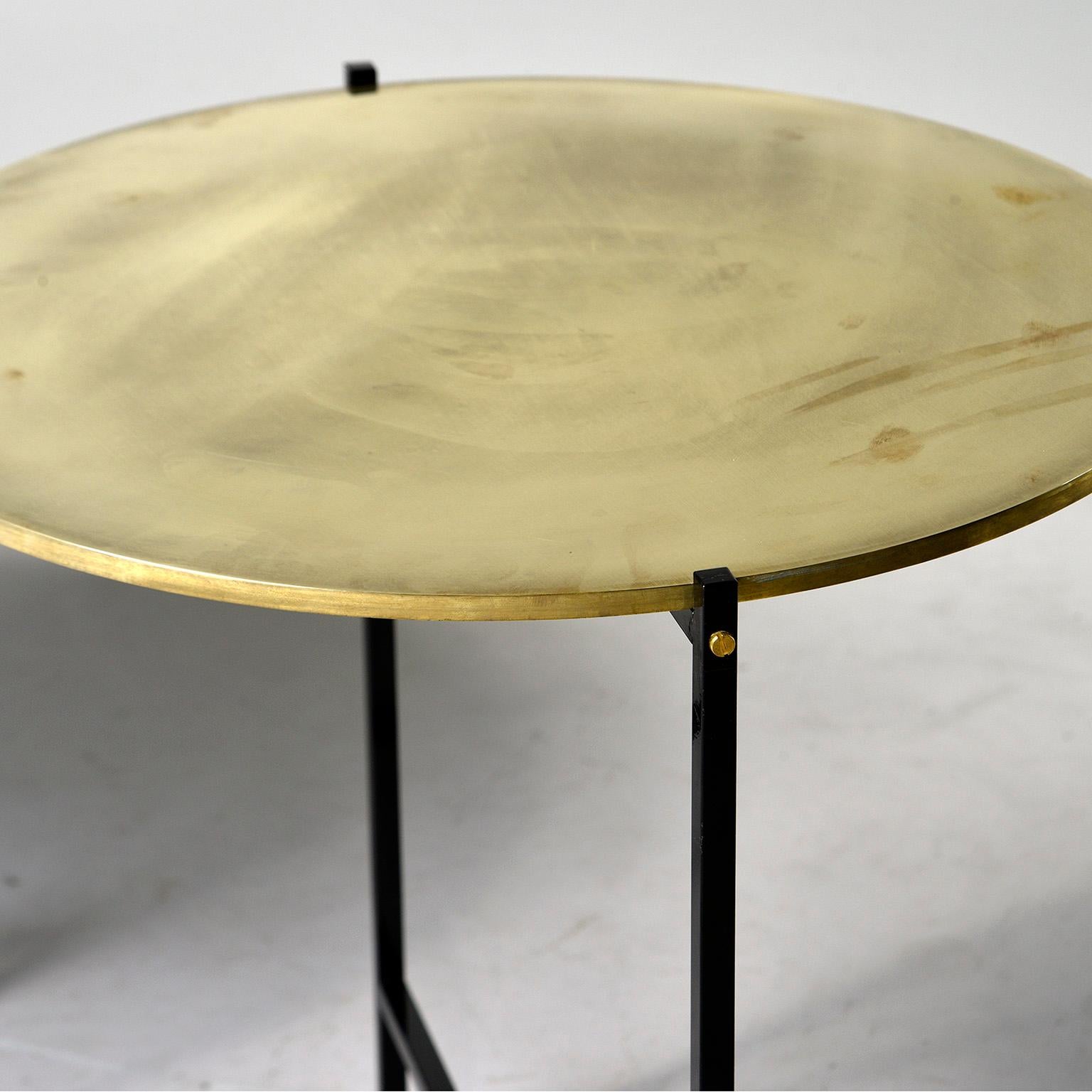 Round Brass Top Side Table with Slender Black Iron Base 2