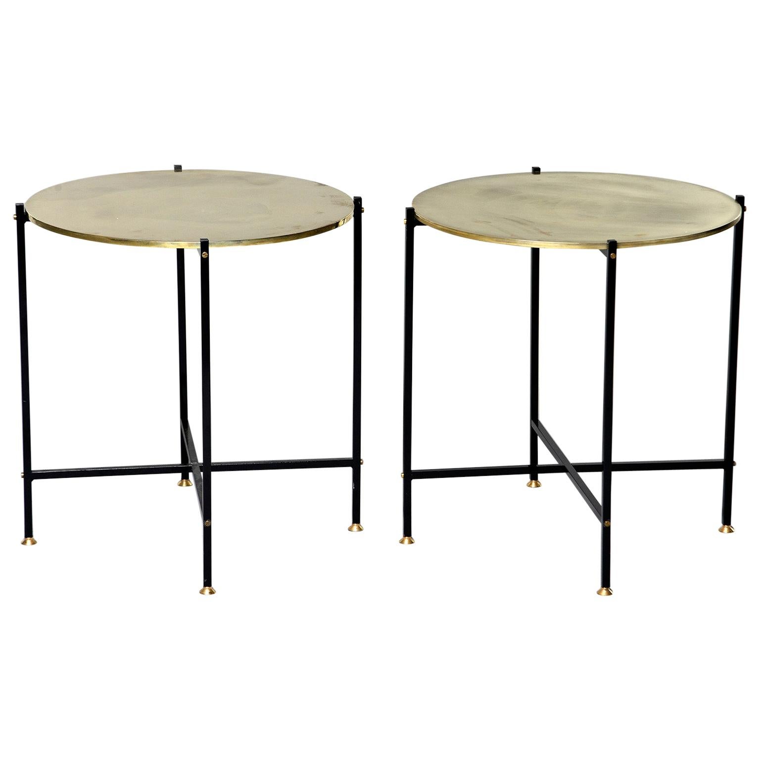 Round Brass Top Side Table with Slender Black Iron Base