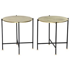 Round Brass Top Side Table with Slender Black Iron Base