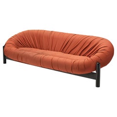 Round Brazilian Sofa in Red Upholstery and Black Wooden Frame 