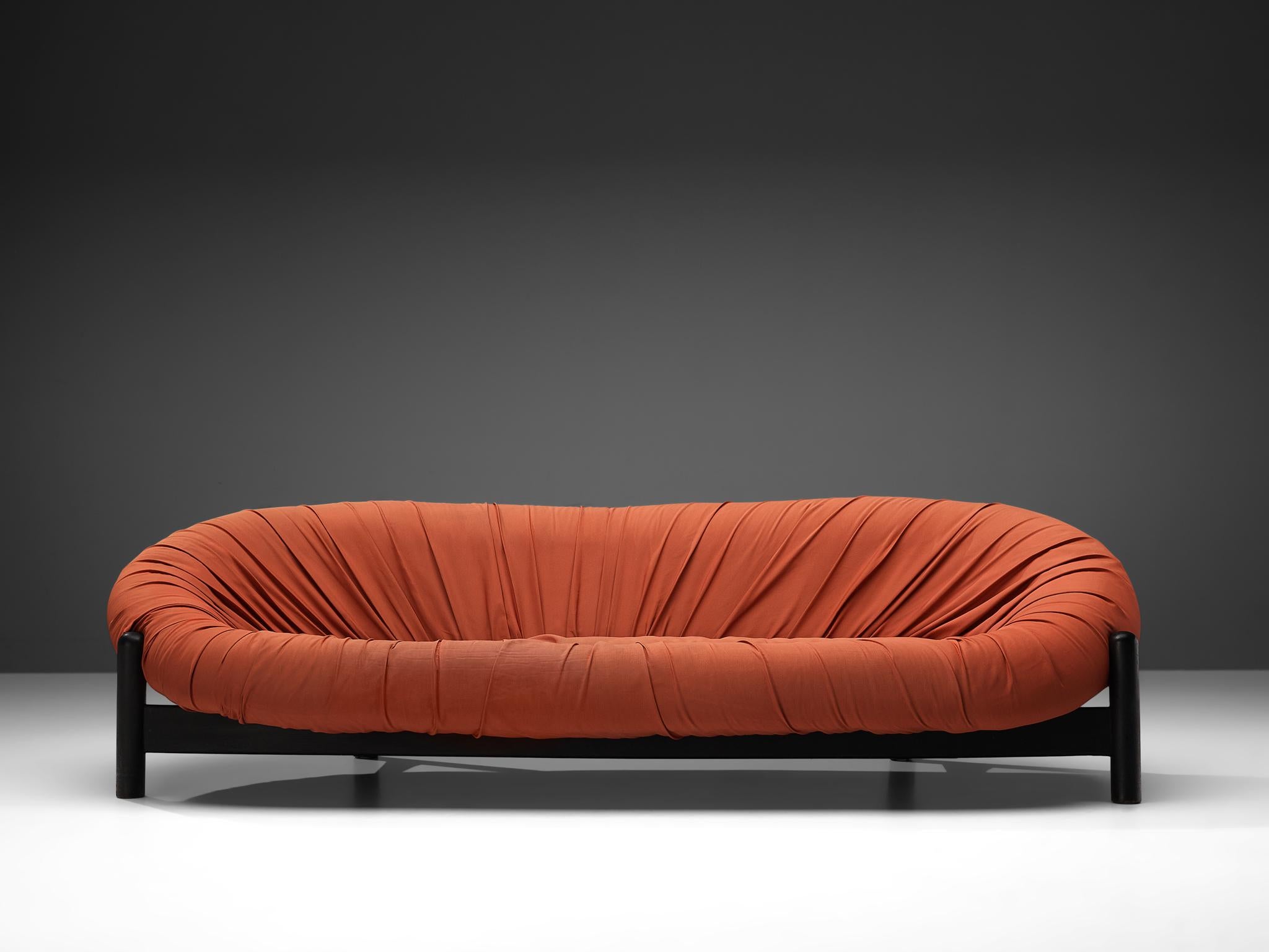 Lacquered Round Brazilian Sofa in Red Upholstery and Black Wooden Frame  For Sale