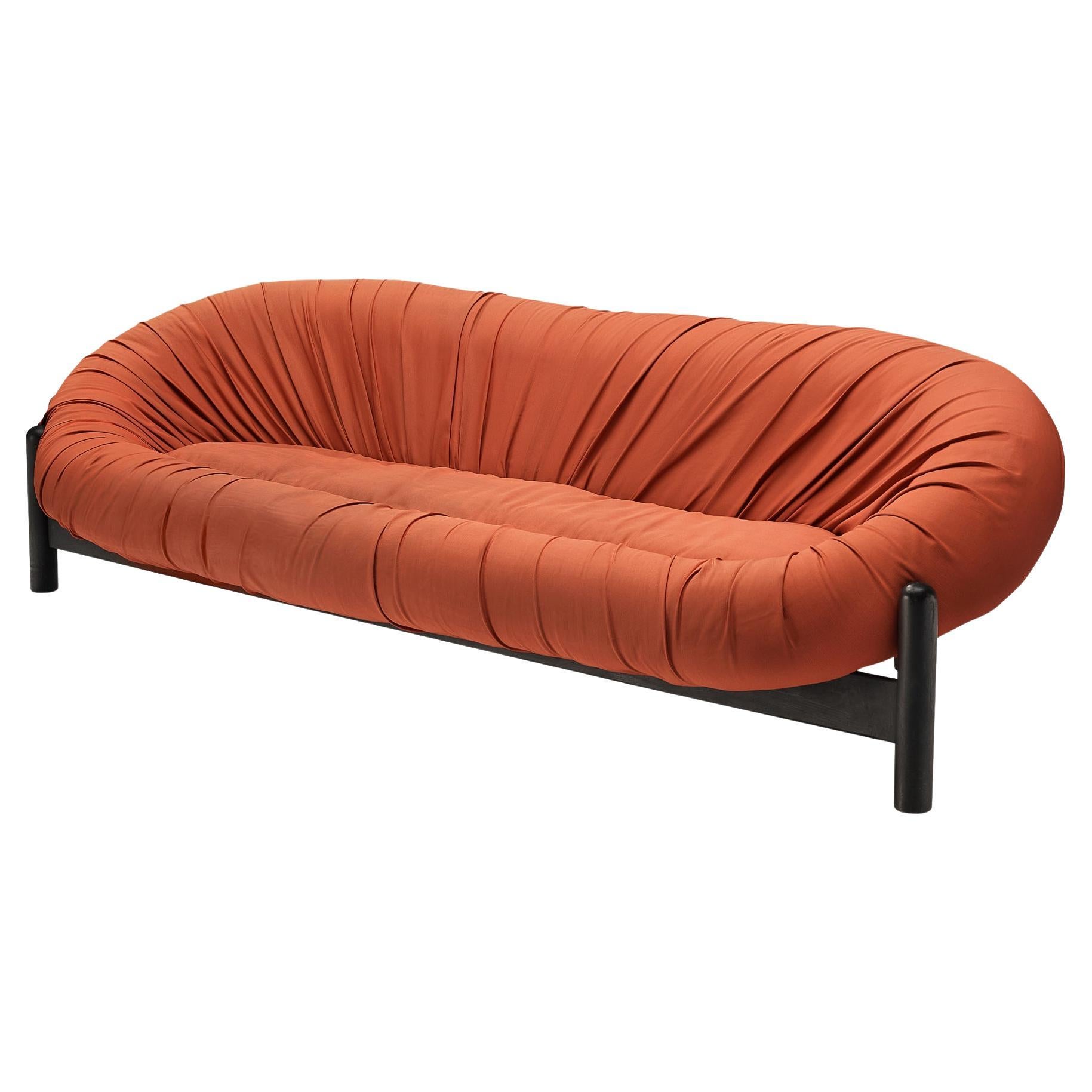 Round Brazilian Sofa in Red Upholstery and Black Wooden Frame 