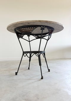 Round Breccia Botticelli Marble Top on Iron Frame Table Inset with Woven Wicker