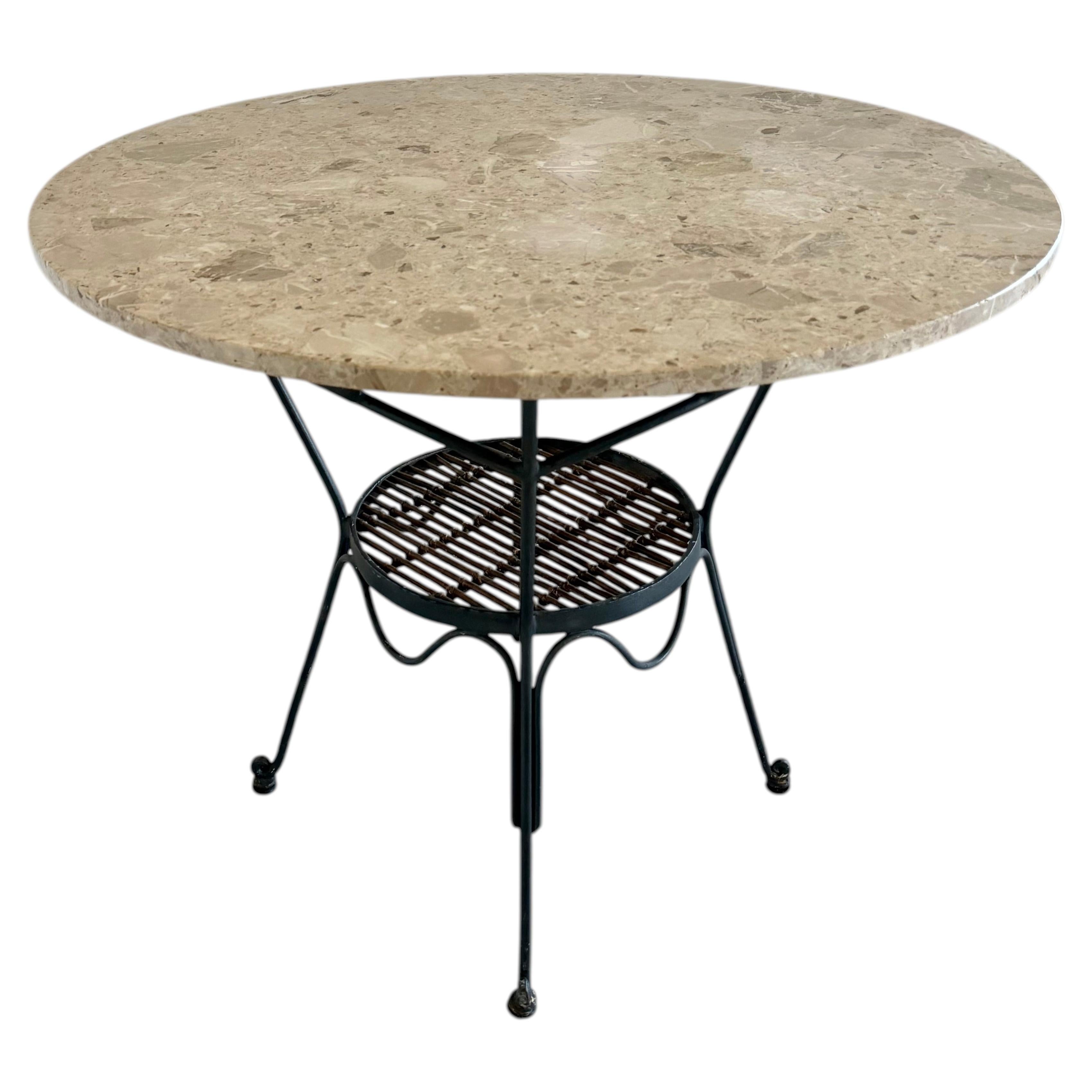 Round Breccia Botticelli Marble Top on Iron Frame Table Inset with Woven Wicker For Sale