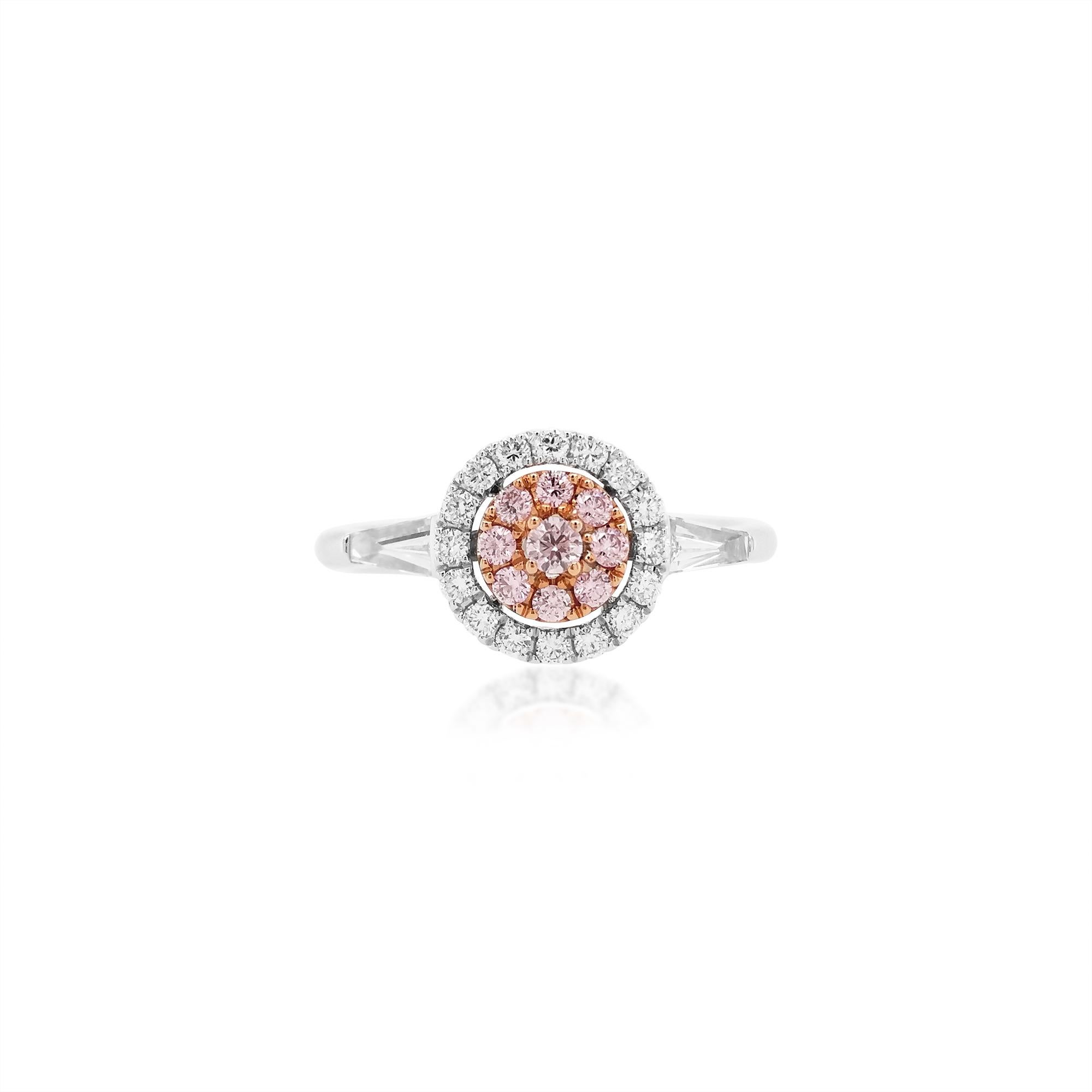 This delicate Platinum ring band features a row of lustrous natural Argyle Pink Diamonds at the forefront of its design. The spectacular hues of the Pink Diamonds are perfectly accentuated in K18 Gold setting and elegant white diamond alongside. A